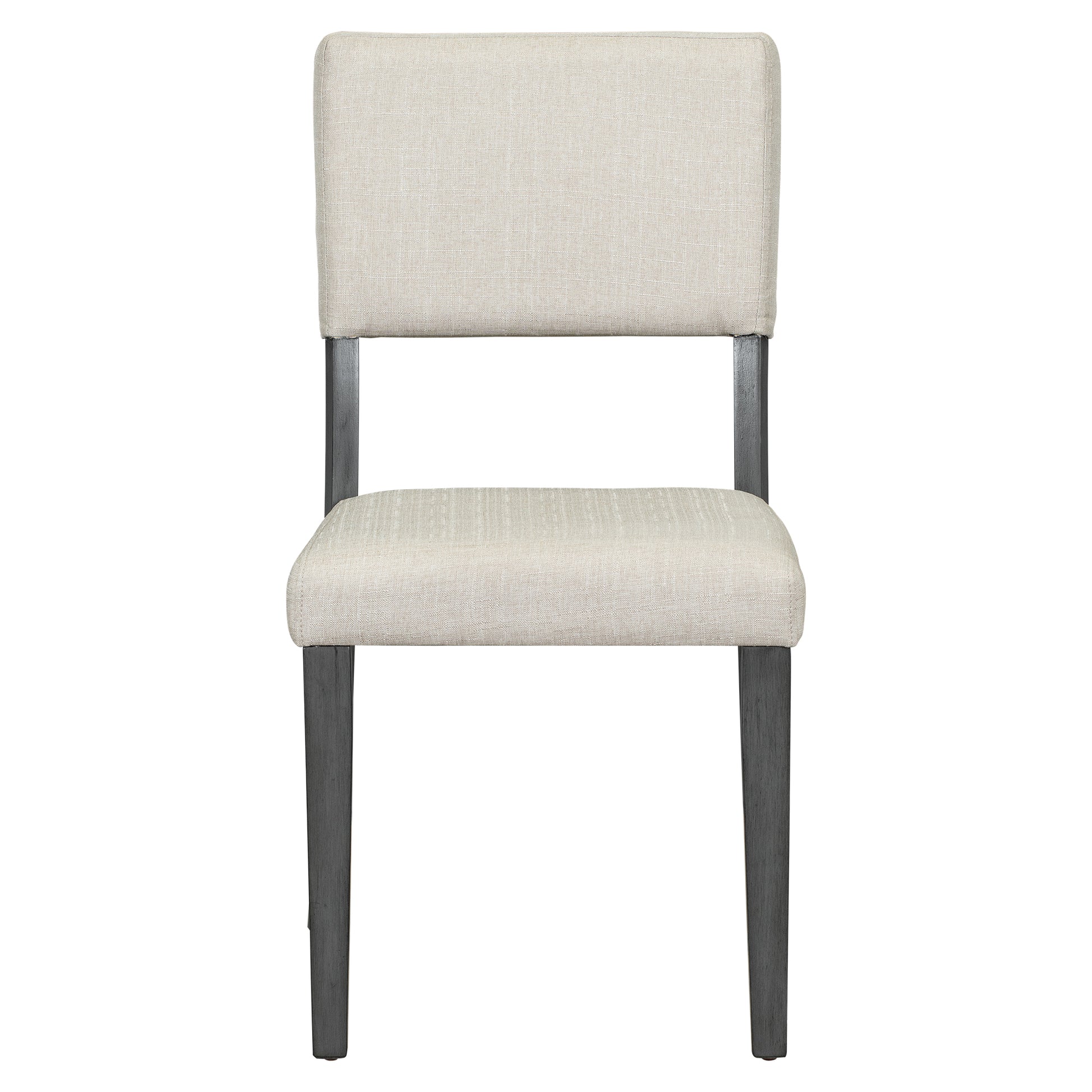 Upholstered dining chair with neutral linen fabric and dark wood legs