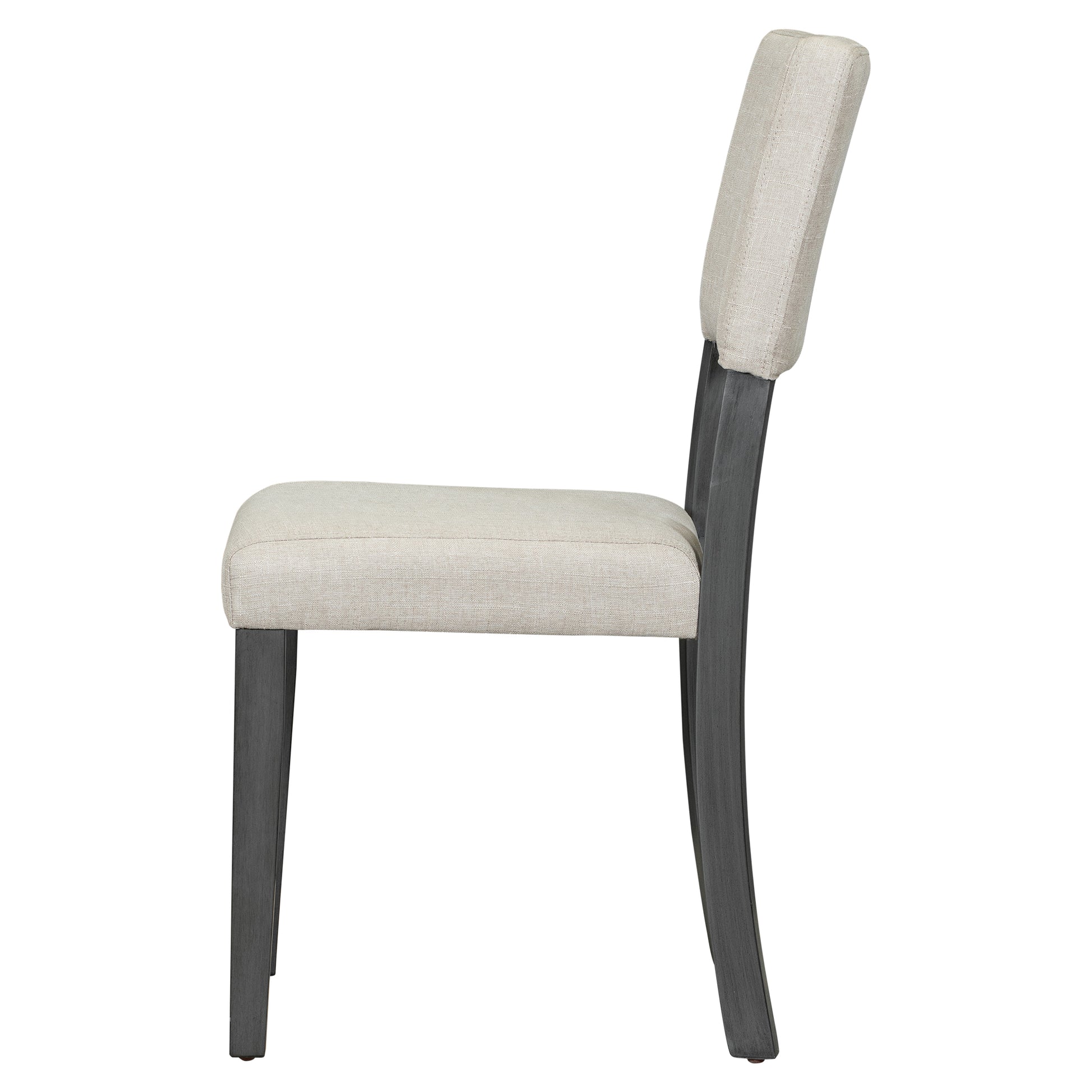 Beige upholstered dining chair with dark wood legs