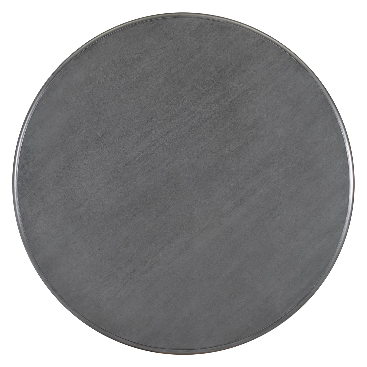 Round gray metal tabletop with subtle wood grain texture
