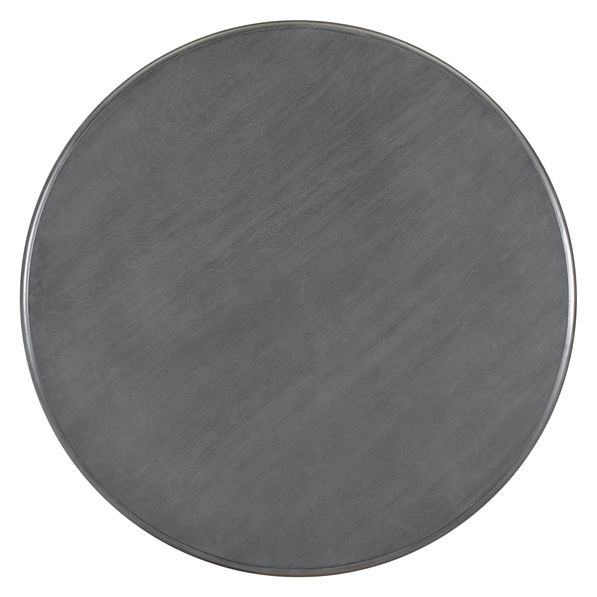 Round gray metal tabletop with subtle wood grain texture
