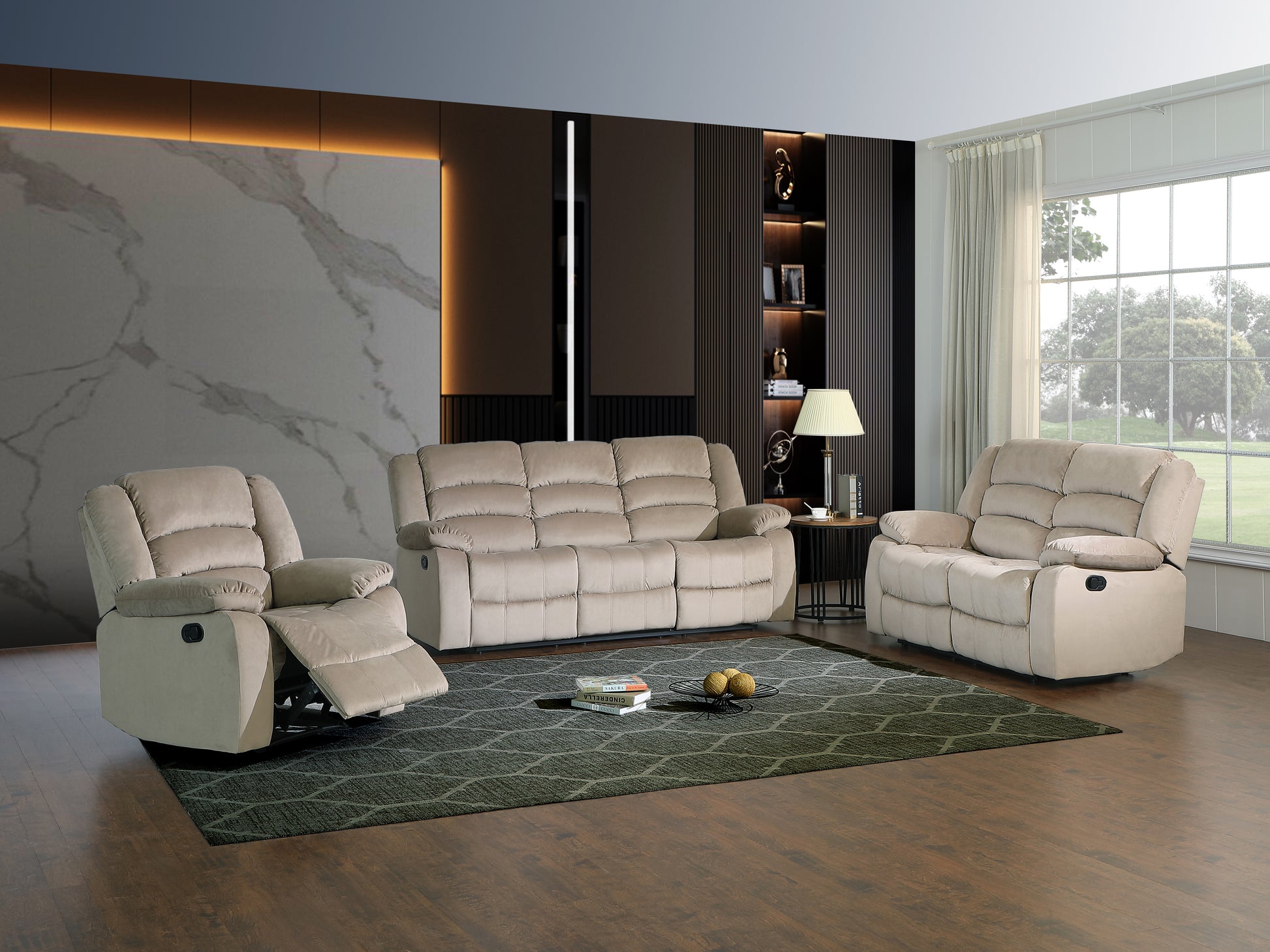 Plush beige reclining sofa with a reclined arm chair and a loveseat recliner