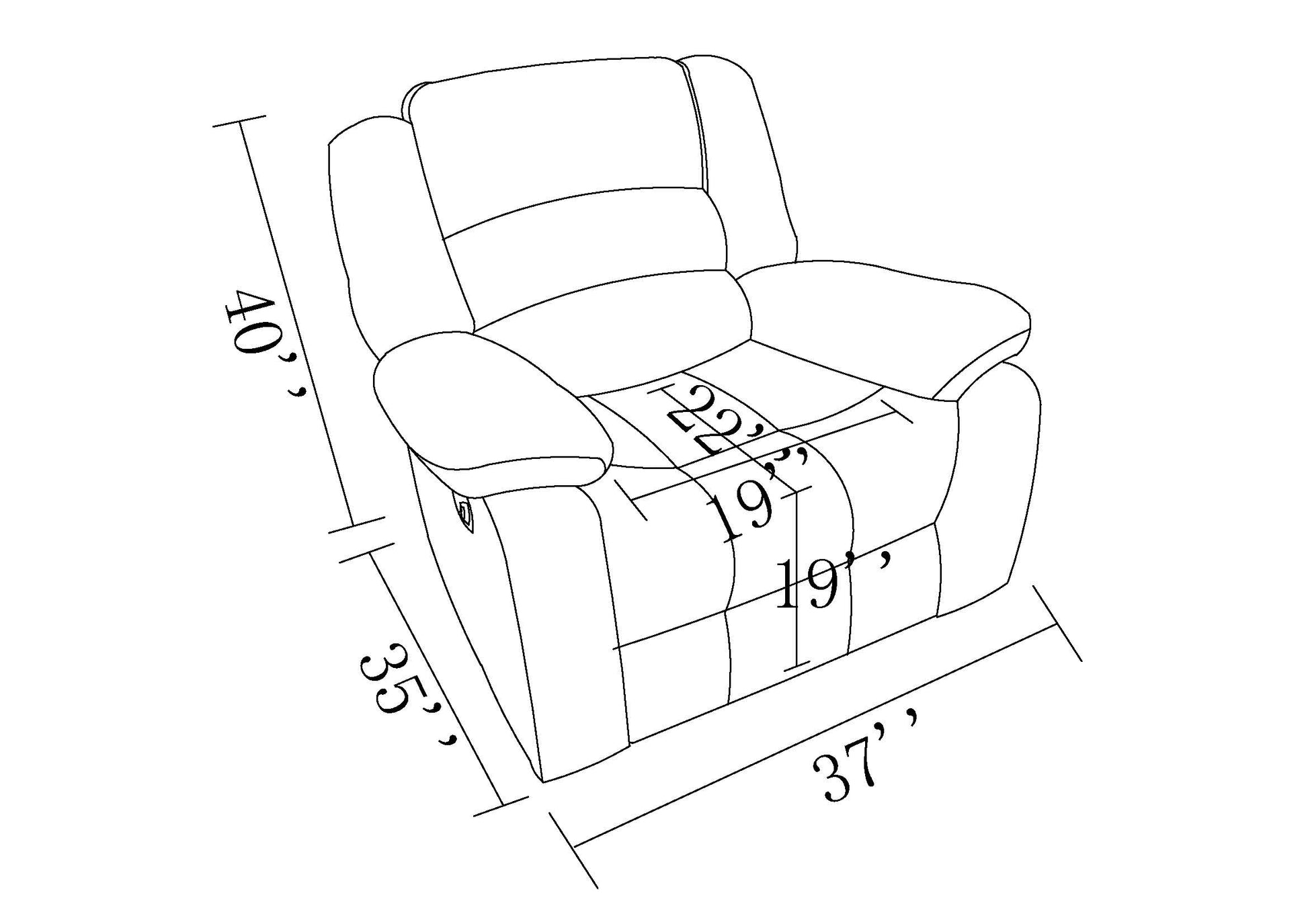 Line drawing of a recliner chair with dimensions