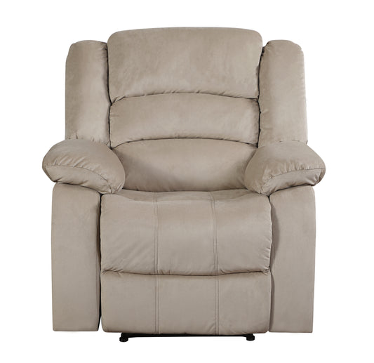 taupe upholstered recliner with plush cushioning and padded armrests for ultimate comfort