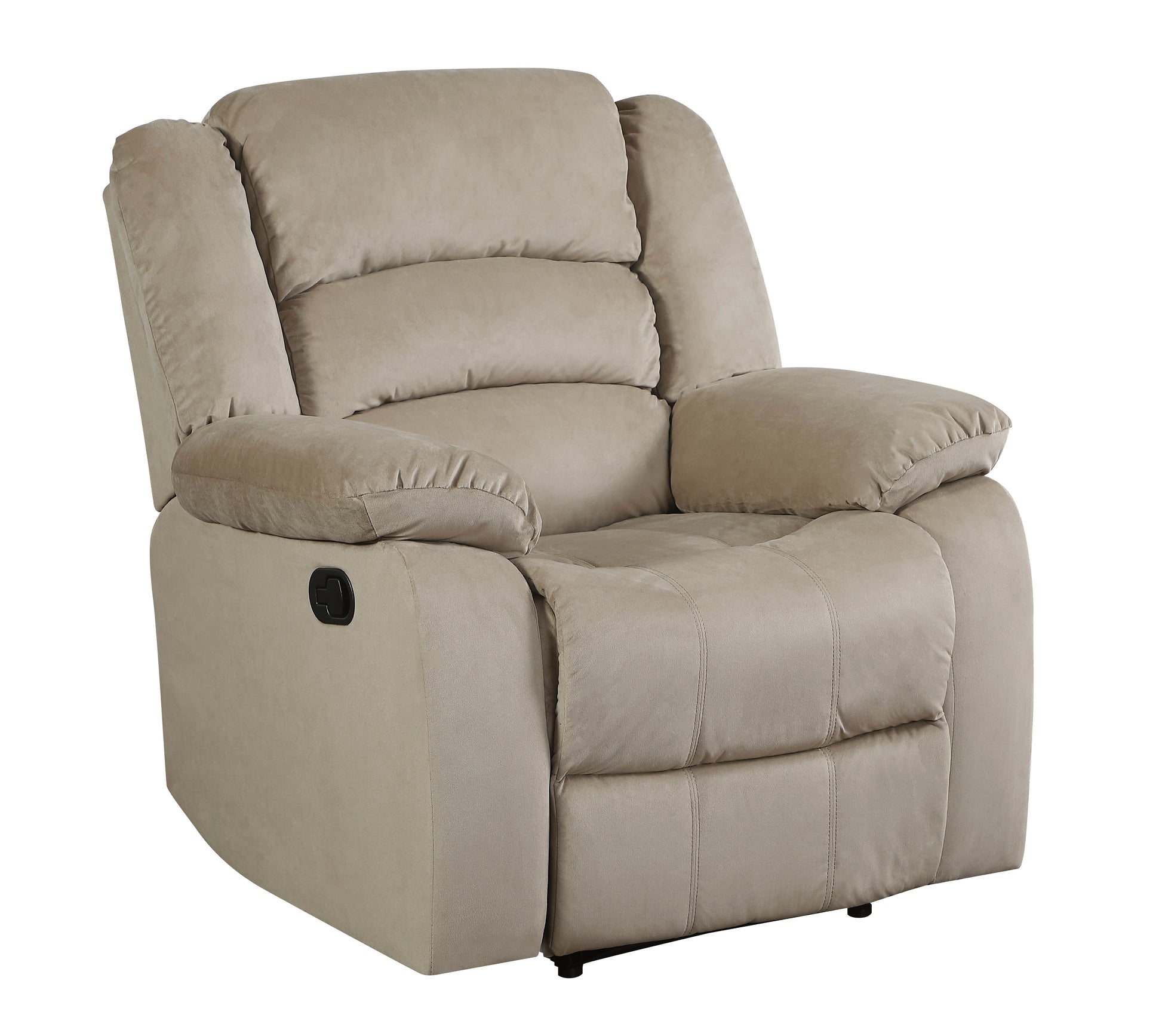 Tan plush fabric recliner chair with lumbar support and padded arms