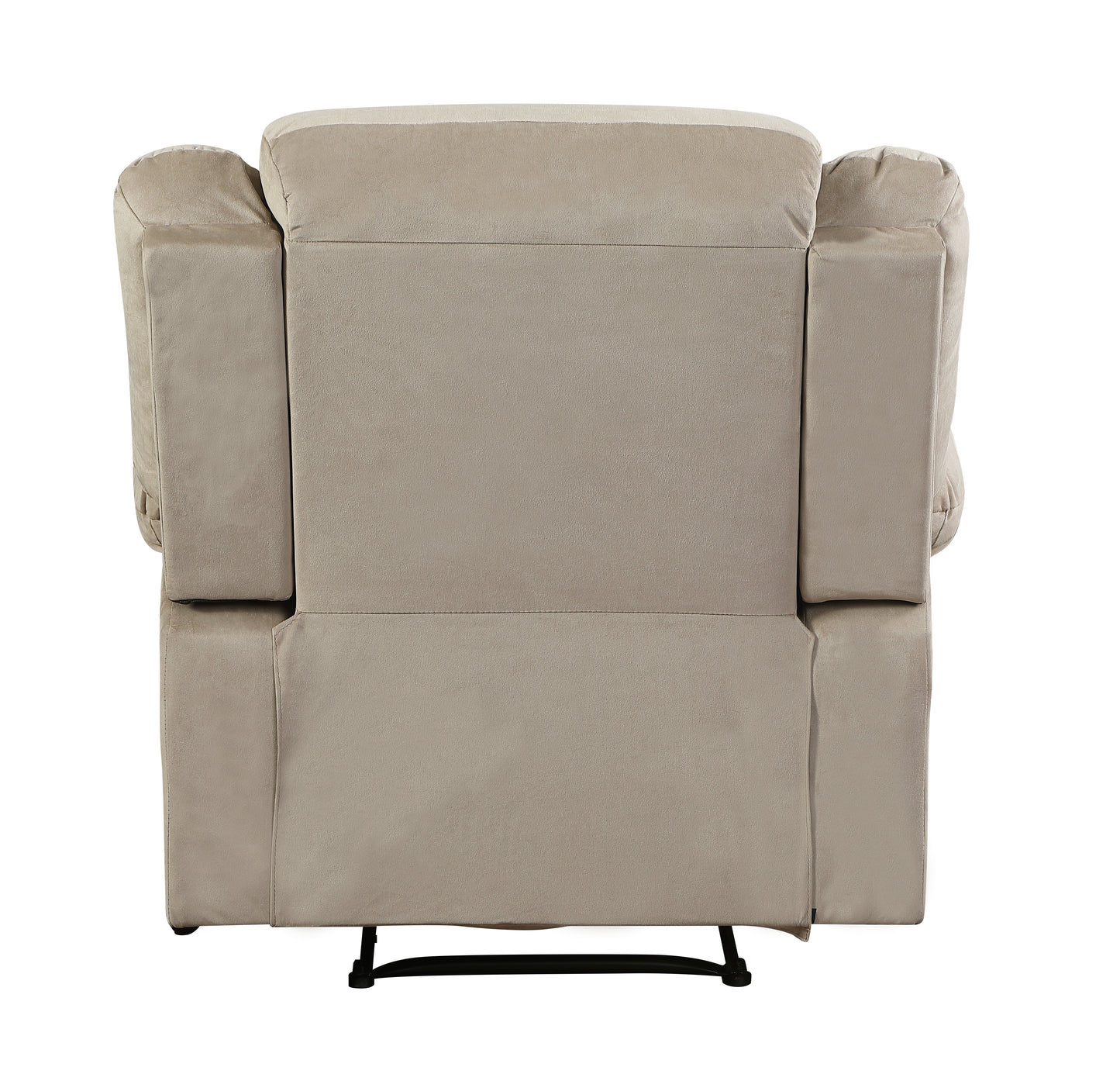 Taupe recliner chair rear view with padded headrest and armrests