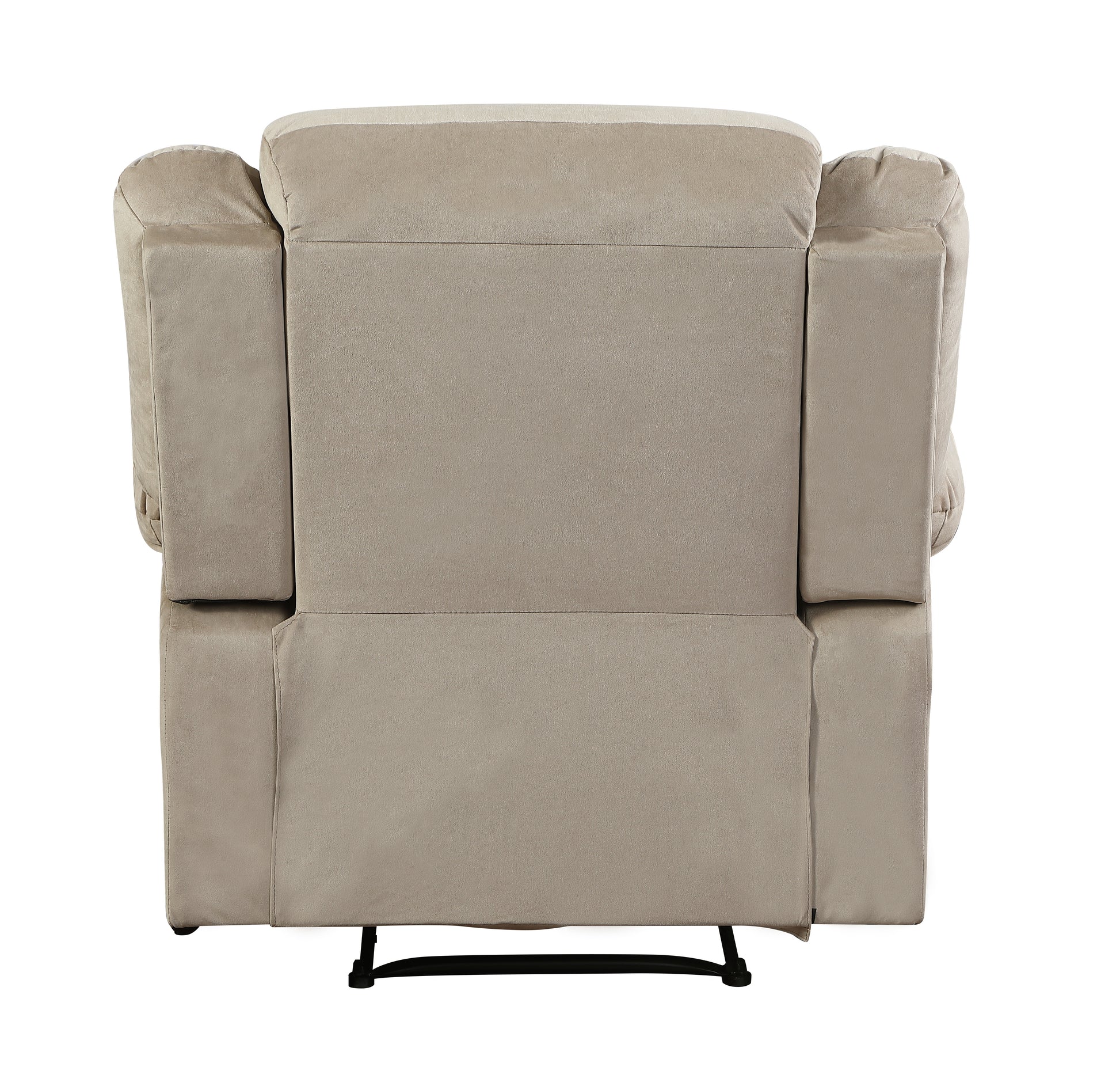 Taupe recliner chair rear view with padded headrest and armrests
