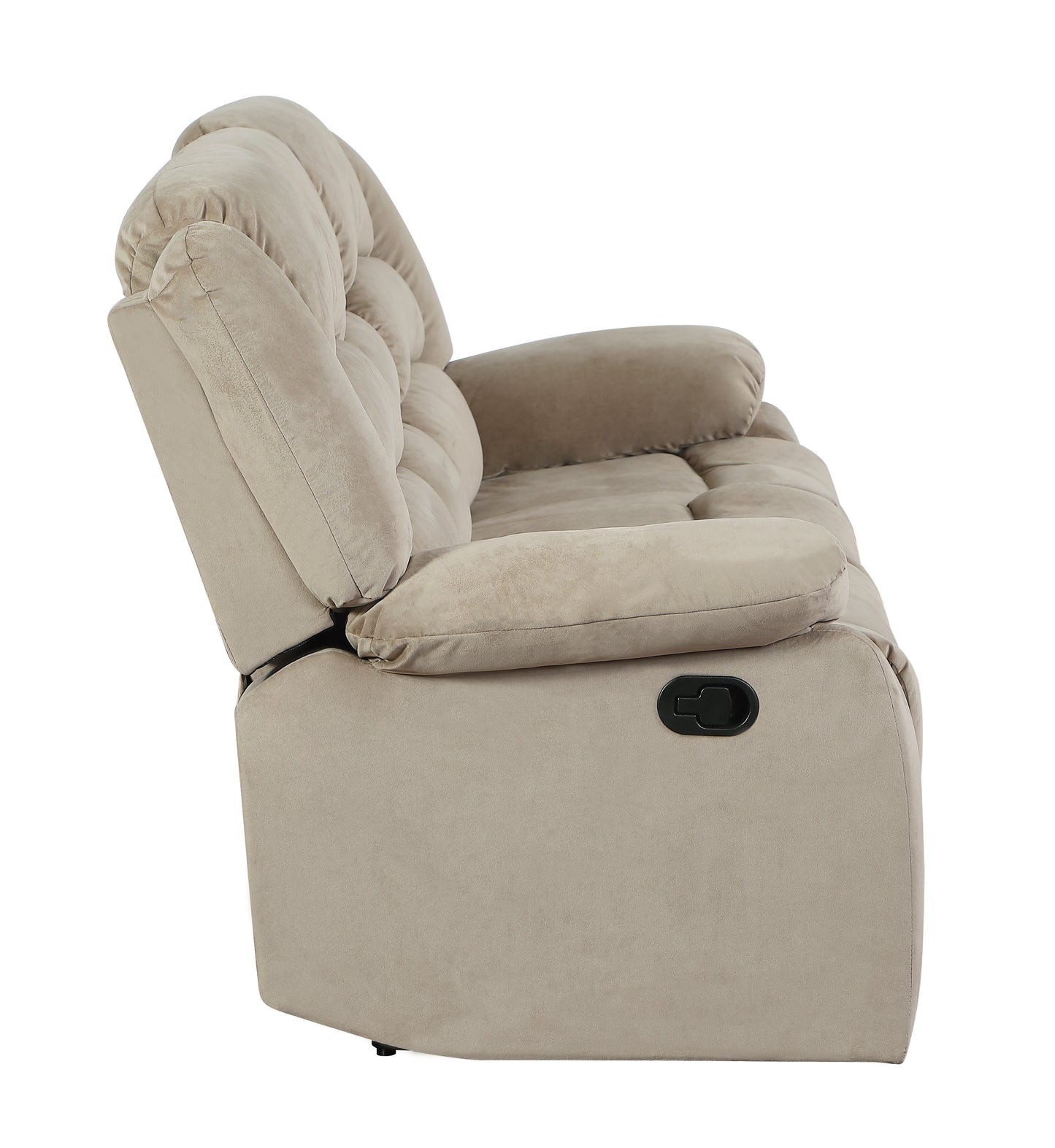 Tan fabric recliner sofa with plush cushioning and side lever