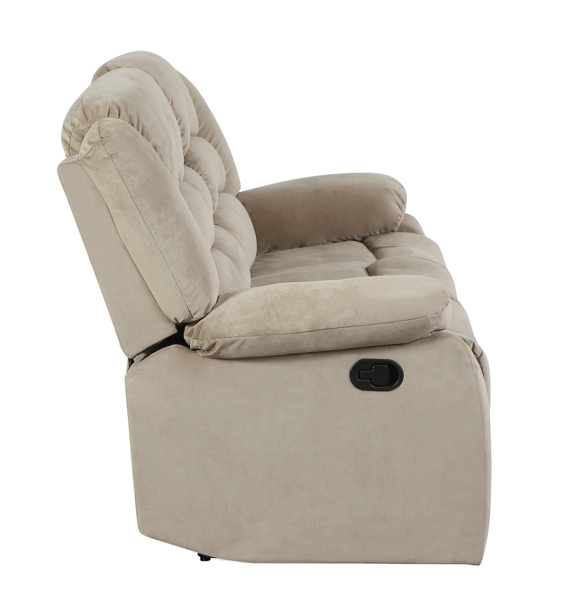 Tan fabric recliner sofa with plush cushioning and side lever