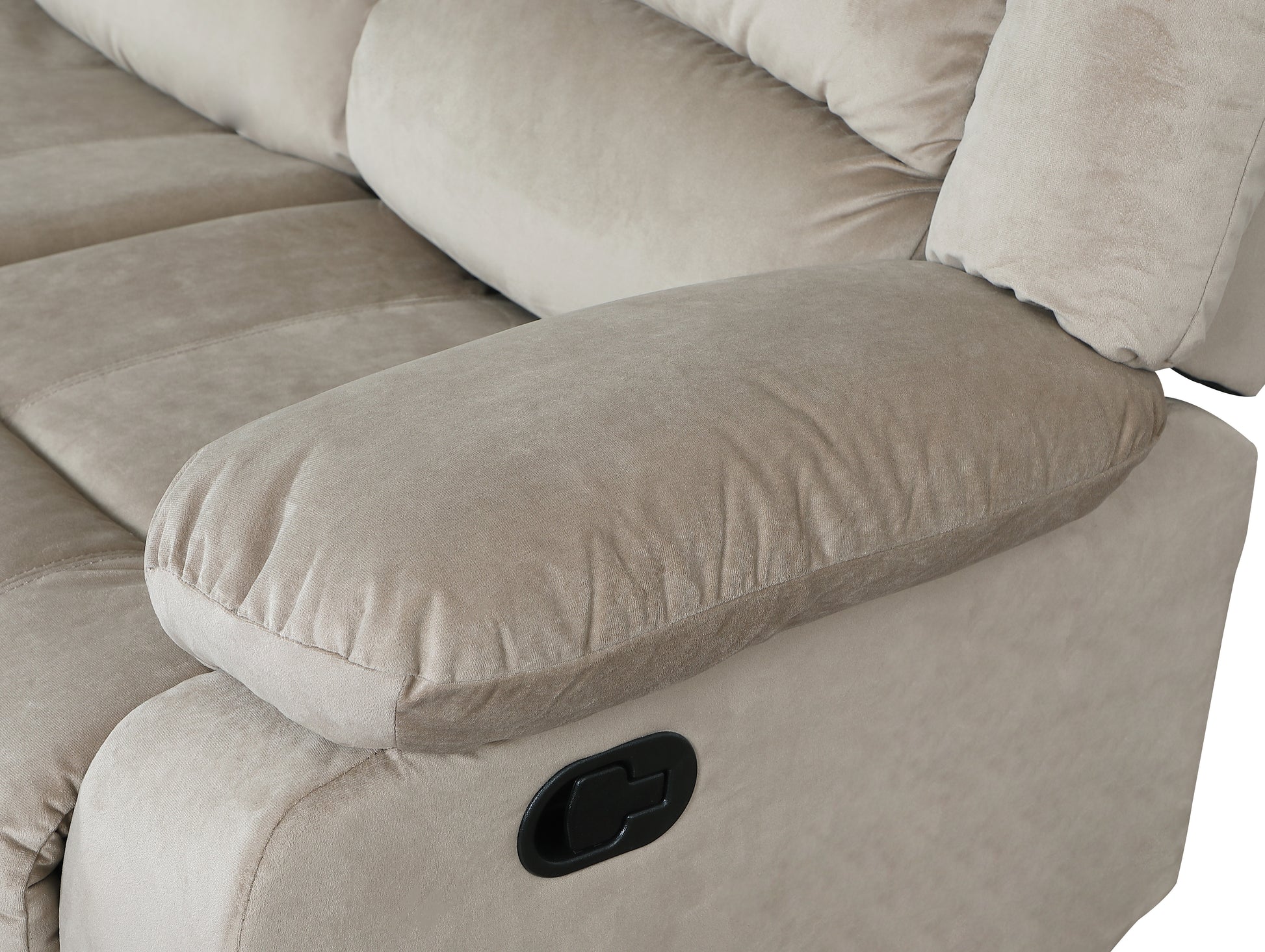 Beige fabric recliner sofa armrest with pull lever