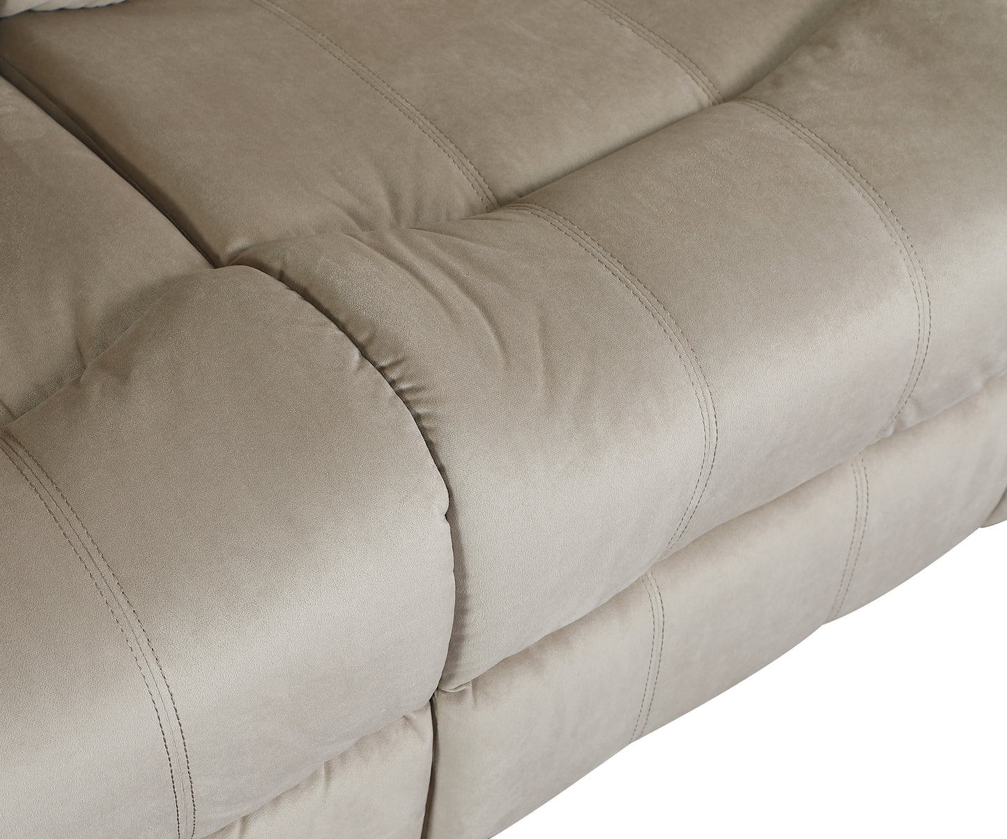 Closeup of plush taupe microfiber sofa section with tufted stitching