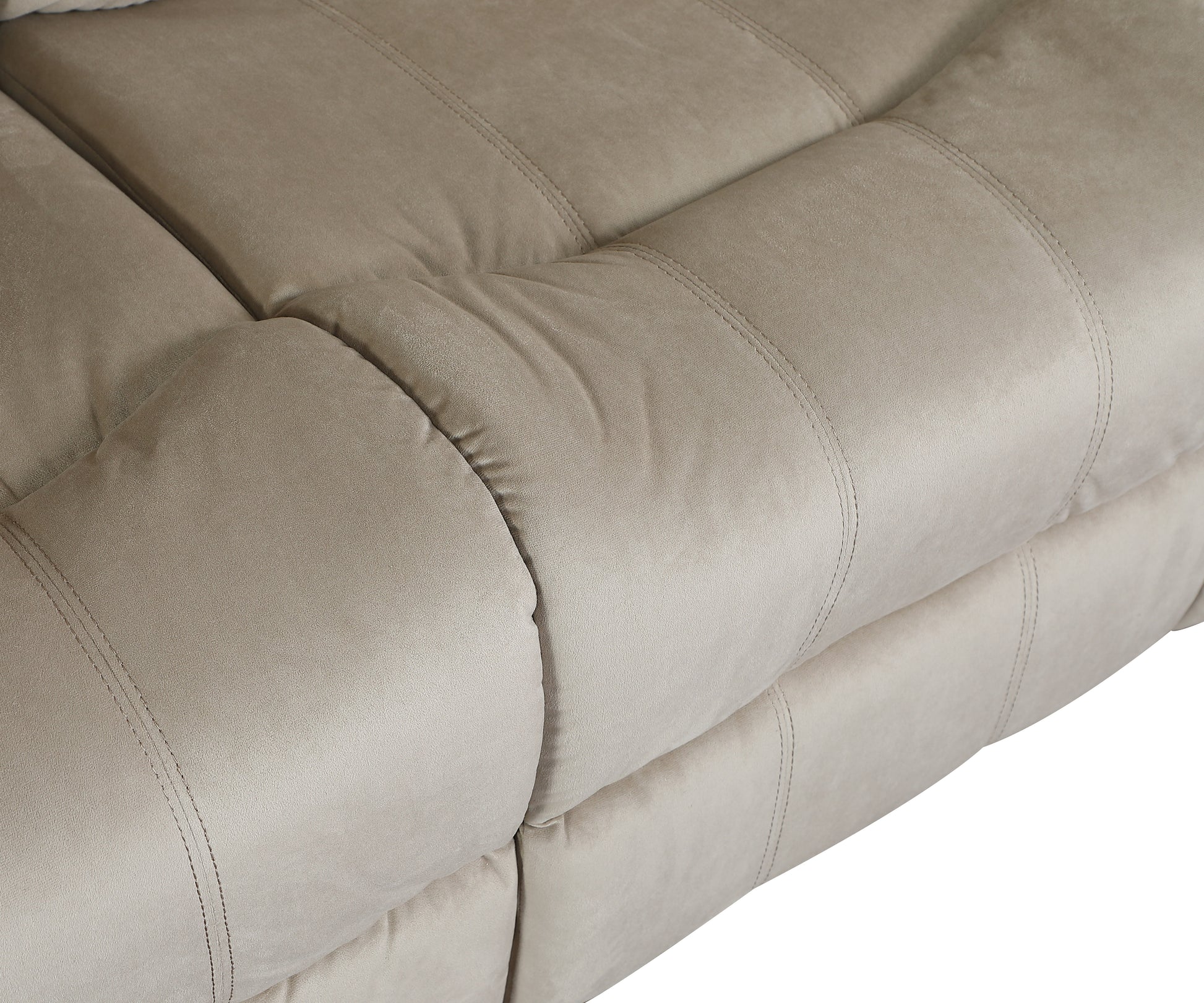 Closeup of plush taupe microfiber sofa section with tufted stitching