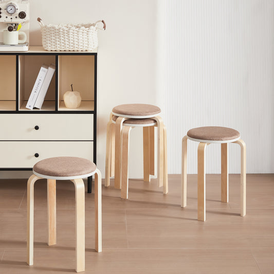 stacking stool with padded brown seat and bentwood frame