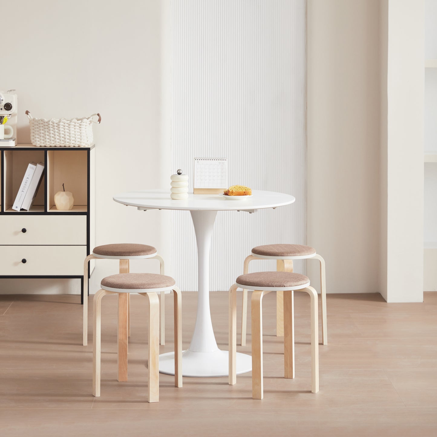 Light wood frame stool with brown upholstered seat