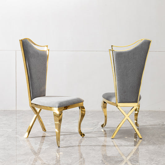 Elegant dining chair with grey velvet upholstery and polished gold frame