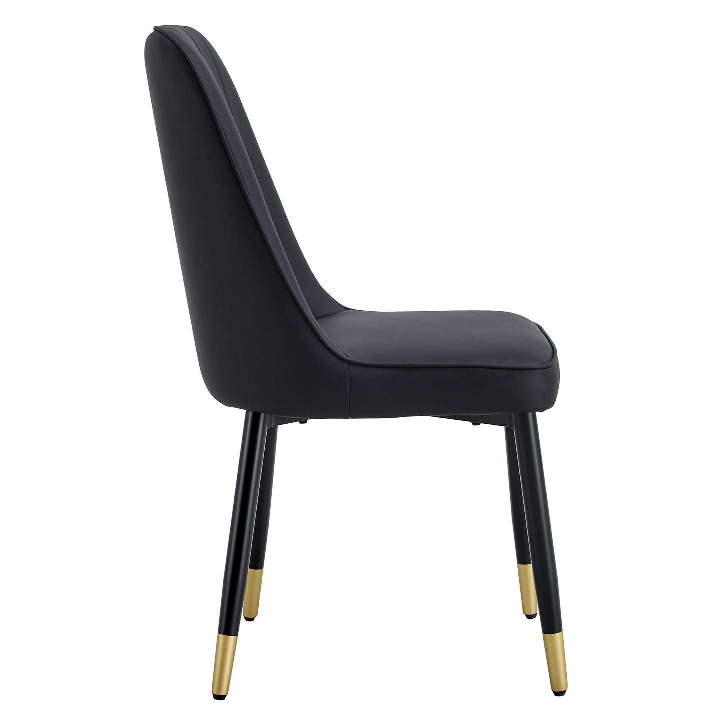 Black faux leather dining chair with tufted back and goldtipped black metal legs