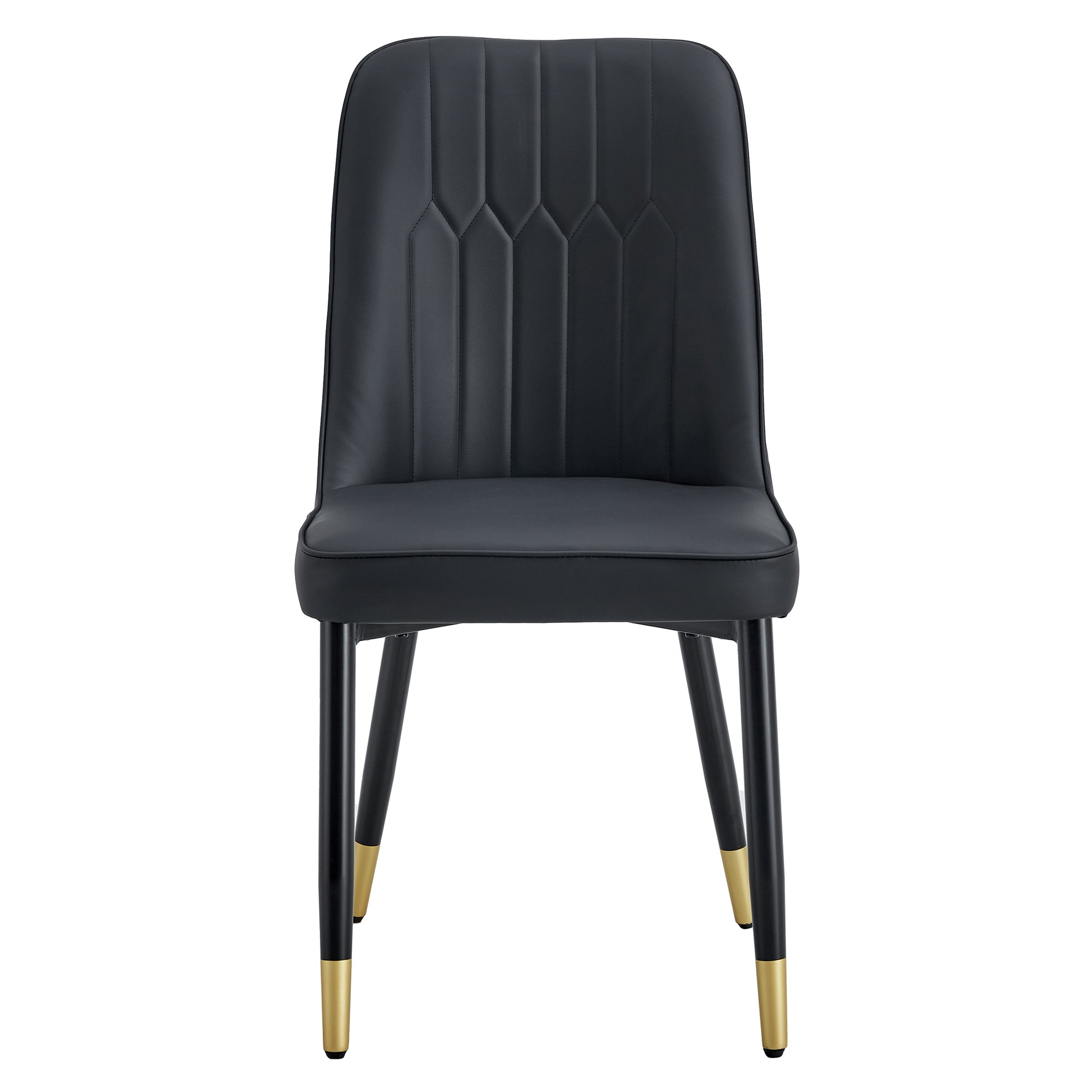 Black upholstered dining chair with vertical channel tufting and goldtipped black legs