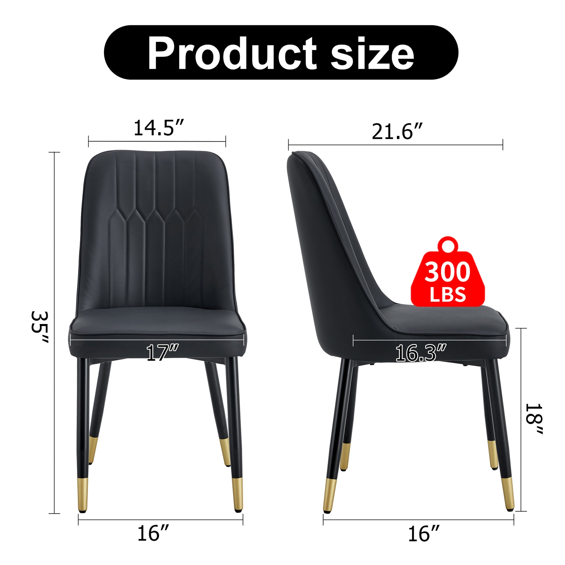 Black upholstered dining chair with gold tipped legs