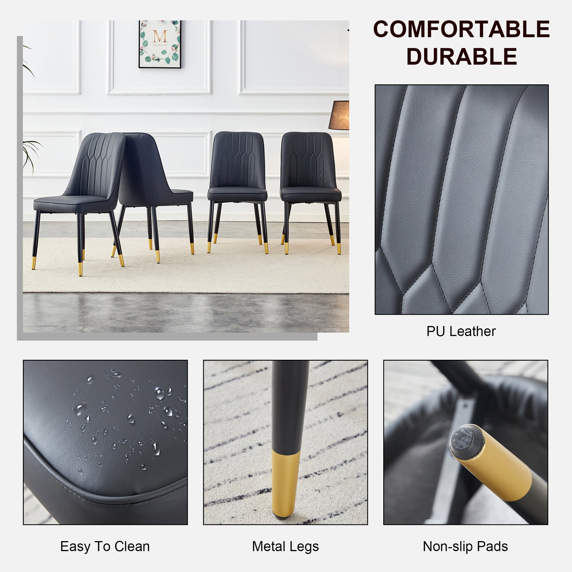 Set of four black PU leather dining chairs with gold metal legs