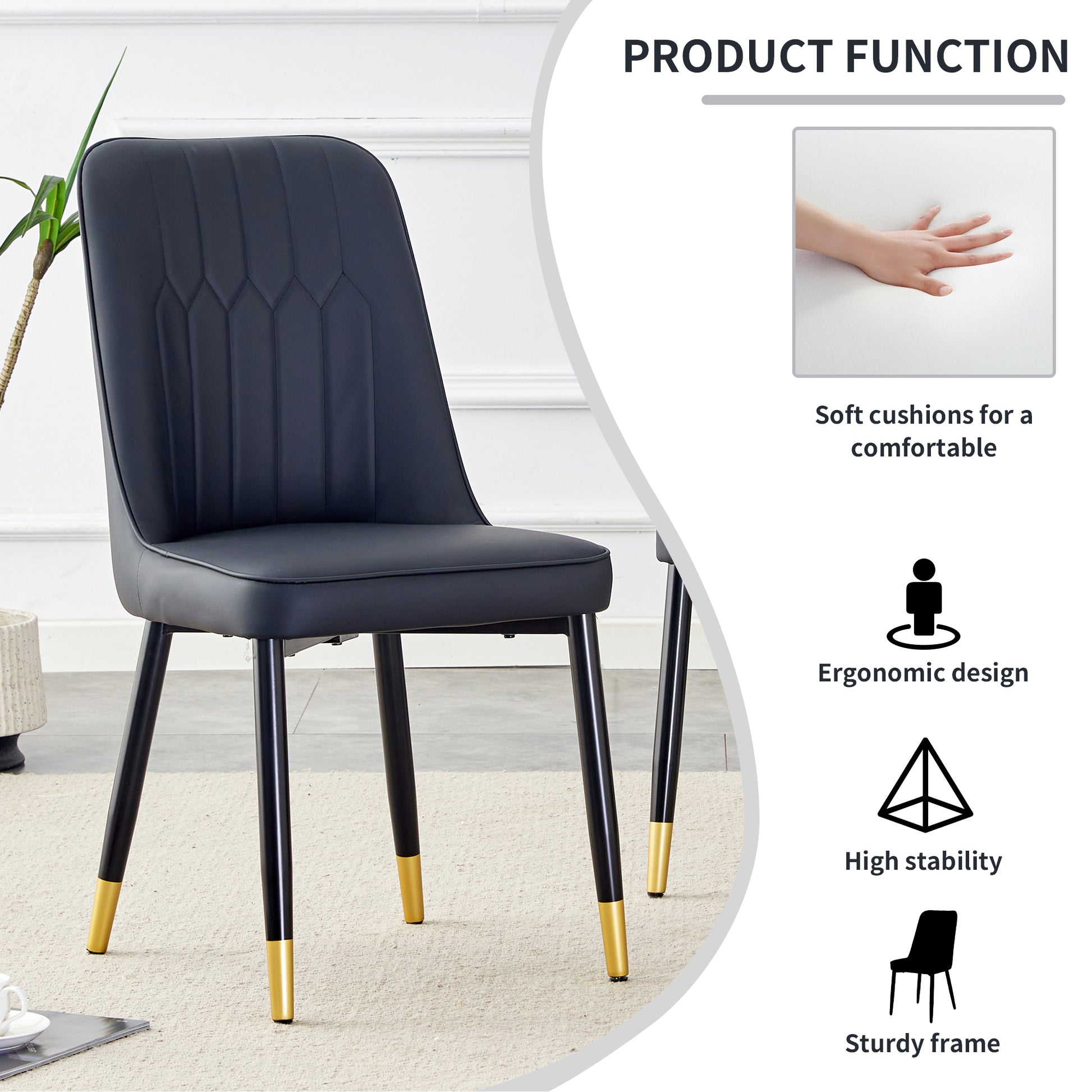 Black upholstered dining chair with diamond stitching and goldtipped legs
