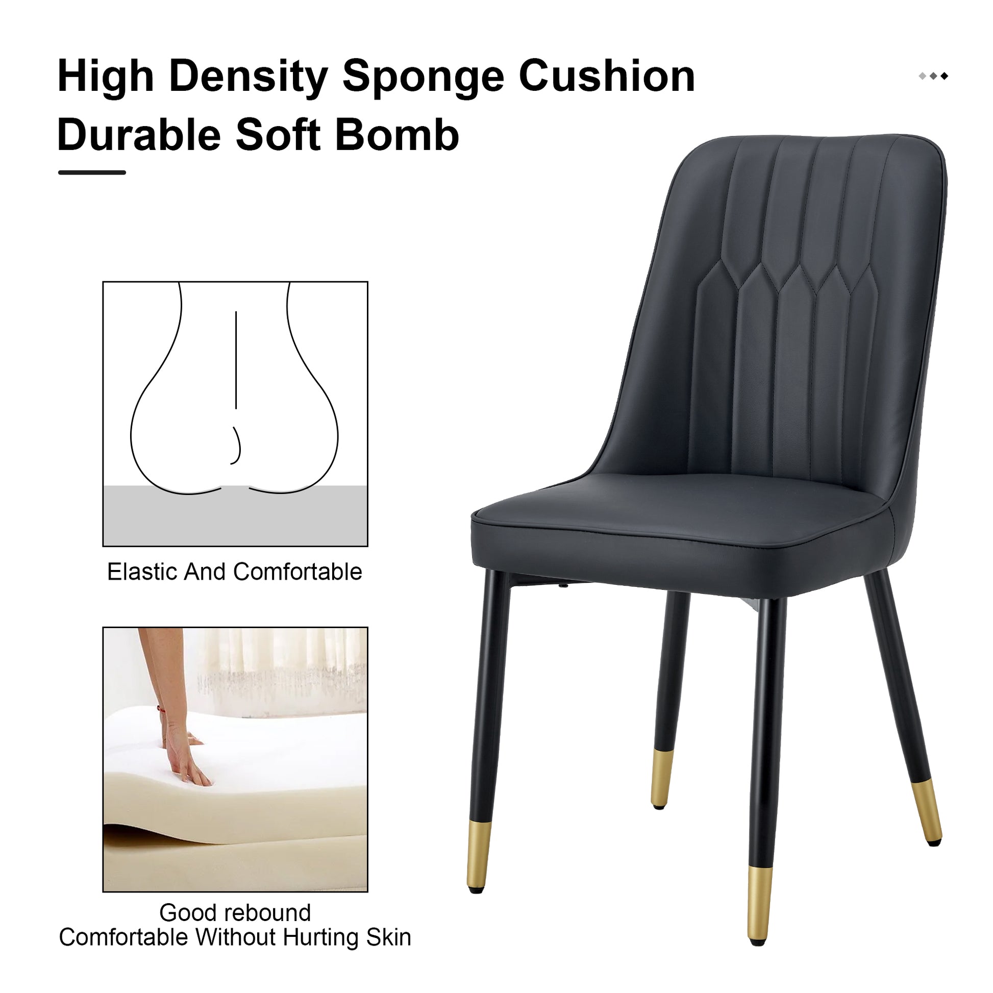 Black upholstered dining chair with diamond stitching and goldtipped legs