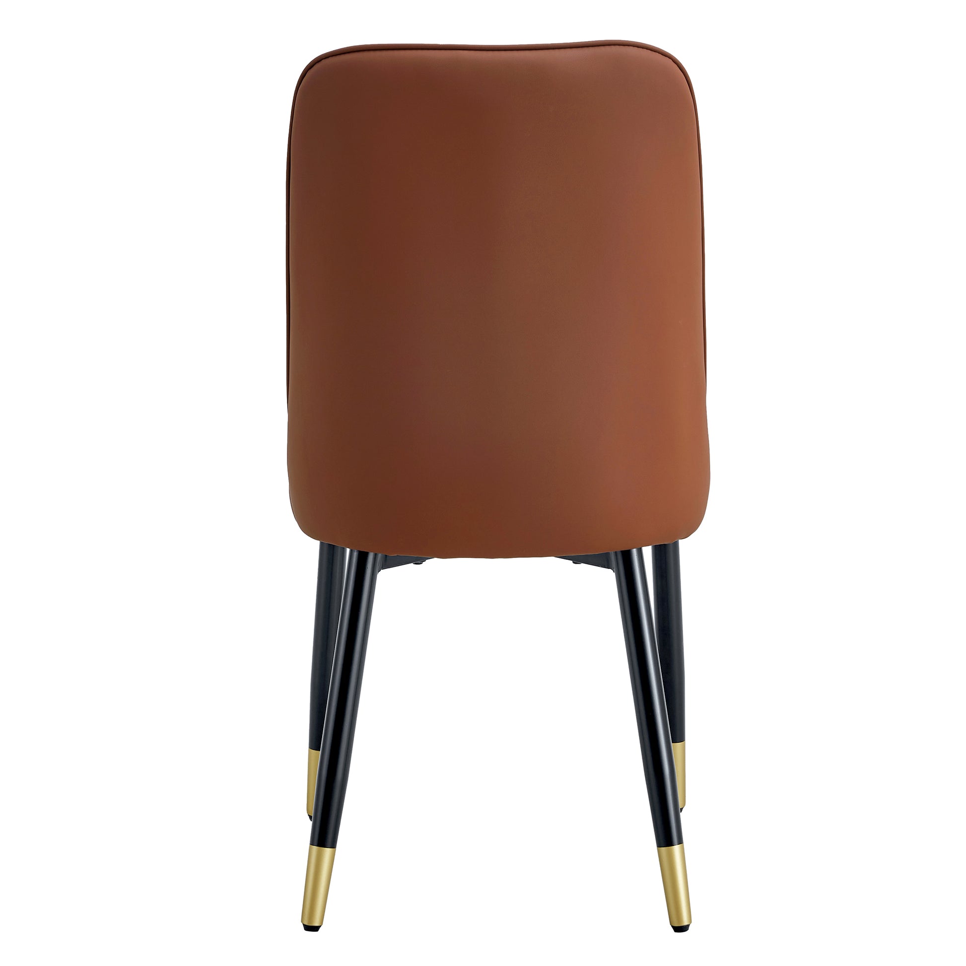 Brown faux leather dining chair with black legs and gold accents