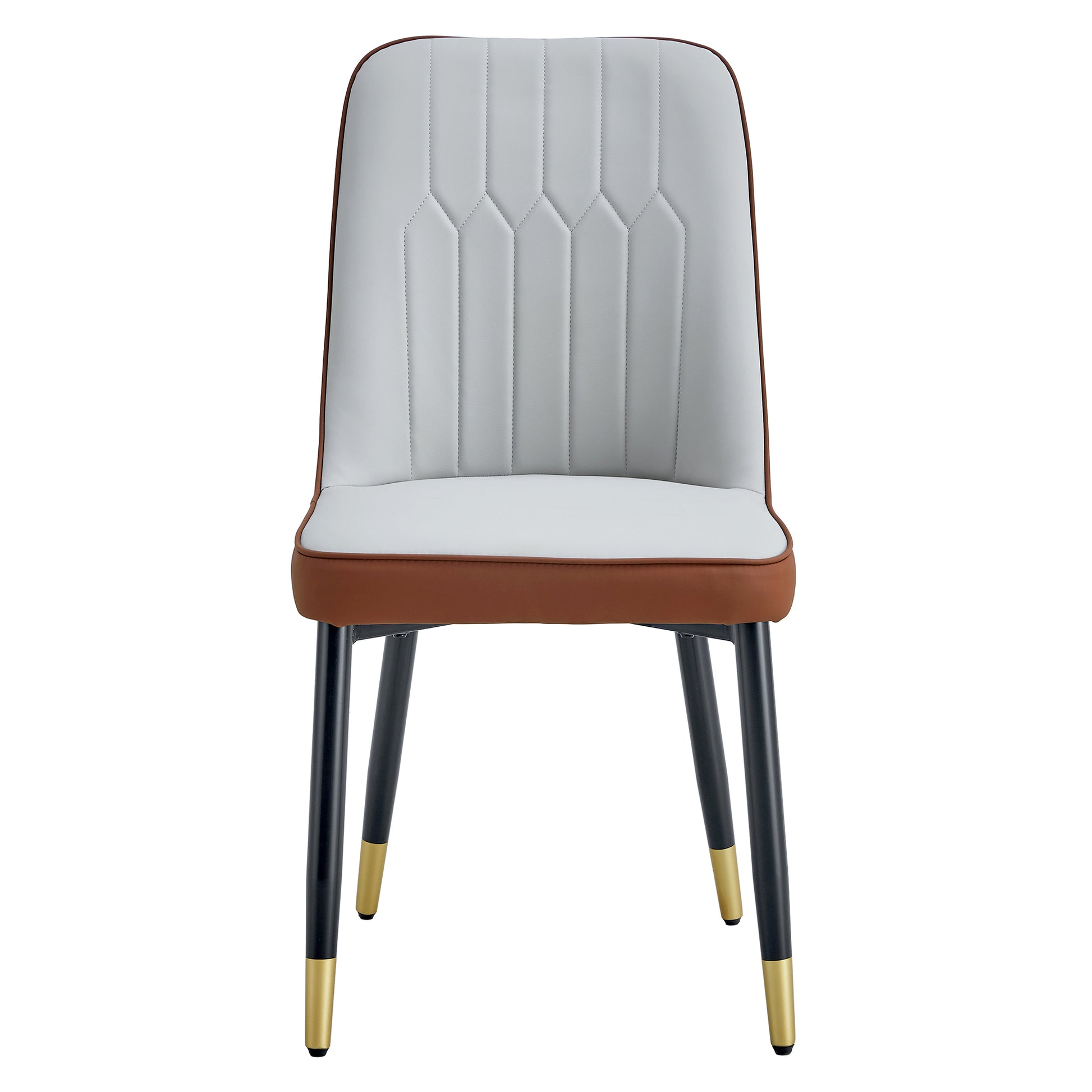 Modern dining chair with stitched light gray upholstery and brown trim