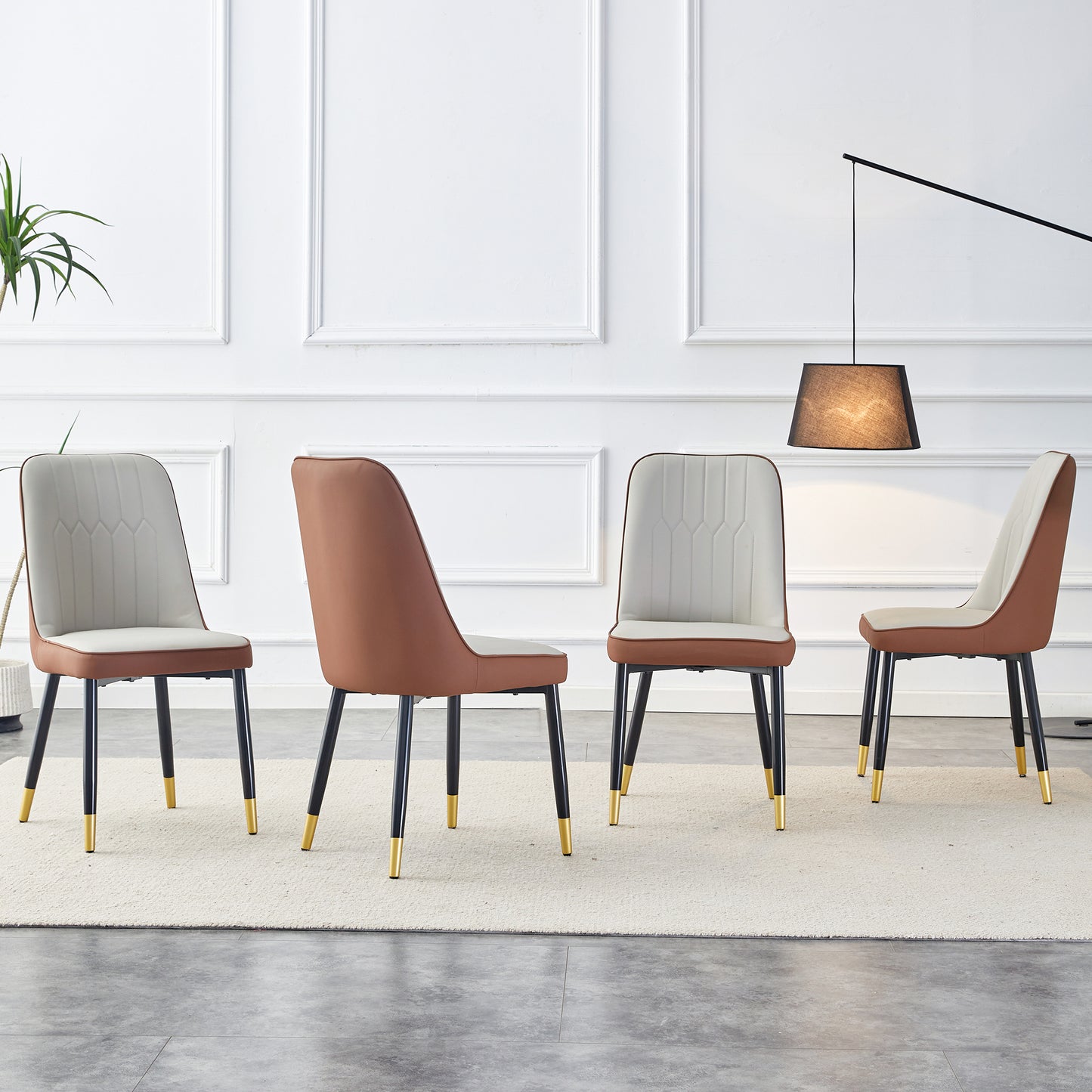 Modern dining chair with cream seat and brown faux leather back