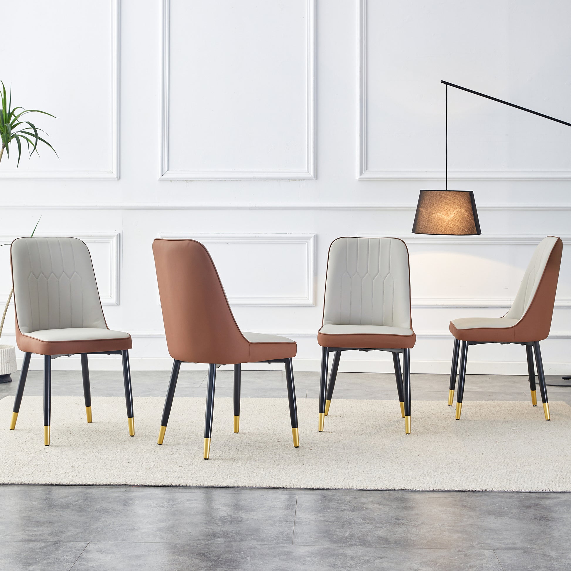 Modern dining chair with cream seat and brown faux leather back