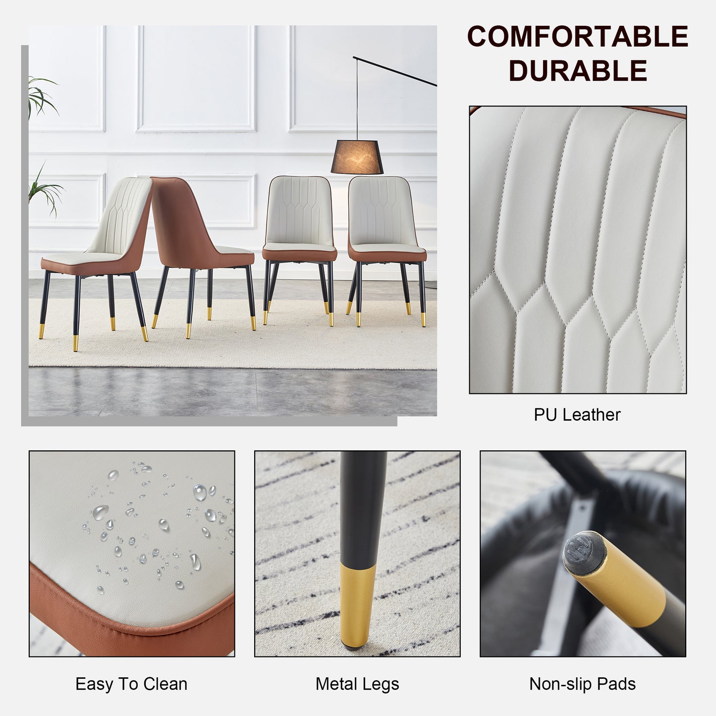 Modern dining chairs with cream and tan PU leather black metal legs with gold accents