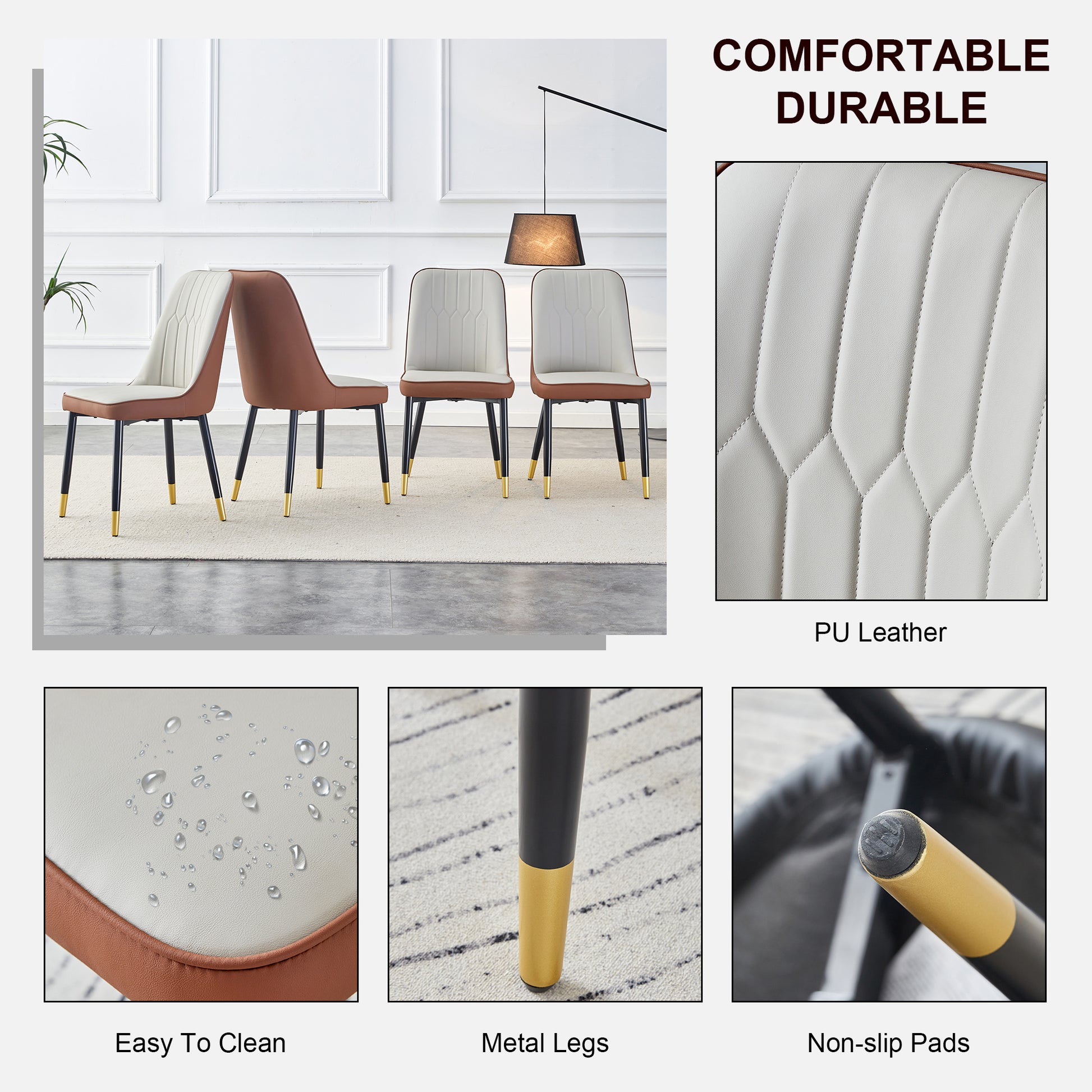 Modern dining chairs with cream and tan PU leather black metal legs with gold accents