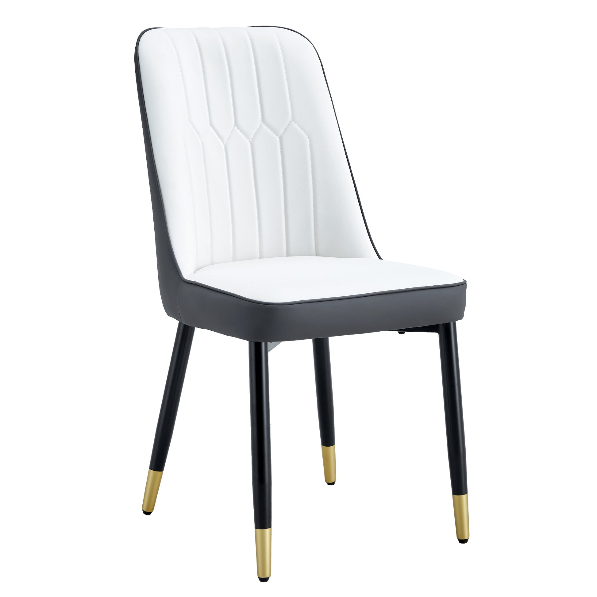 White upholstered dining chair with grey accents and black legs