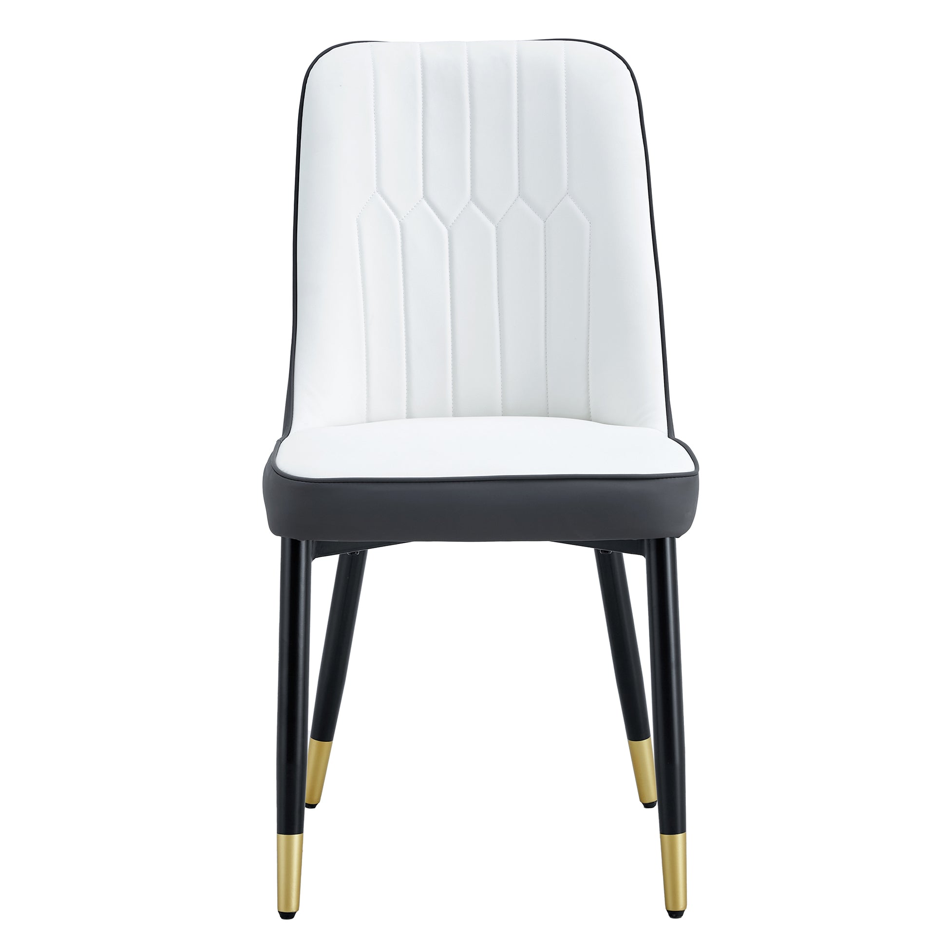 White upholstered dining chair with black accents and goldtipped legs