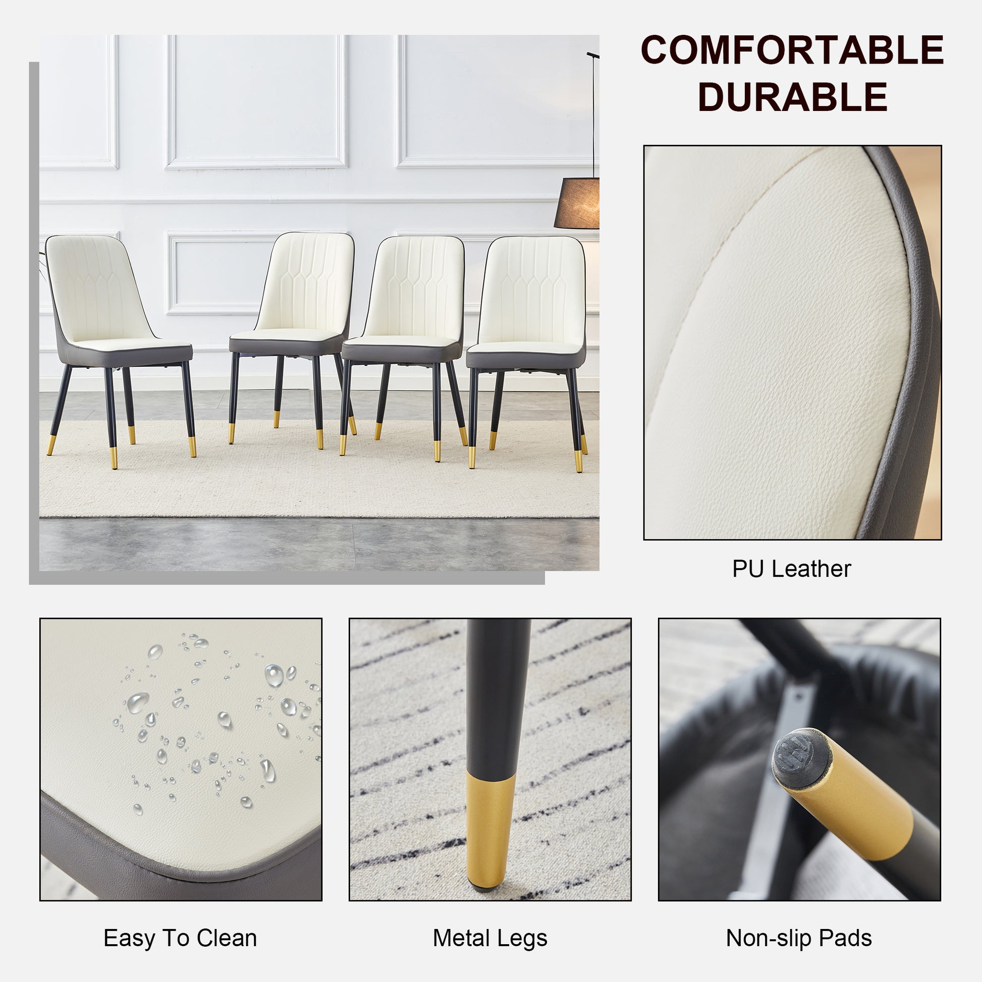 Set of four cream and gray PU leather dining chairs with gold metal legs