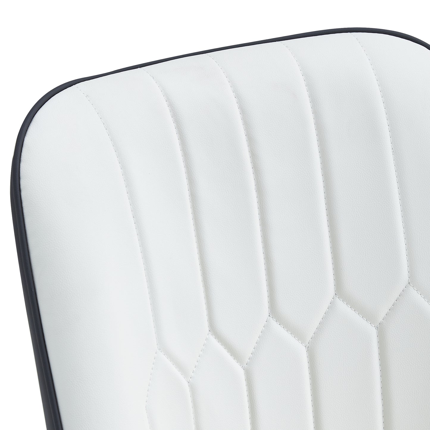 Closeup of white faux leather chair back with vertical and geometric stitching