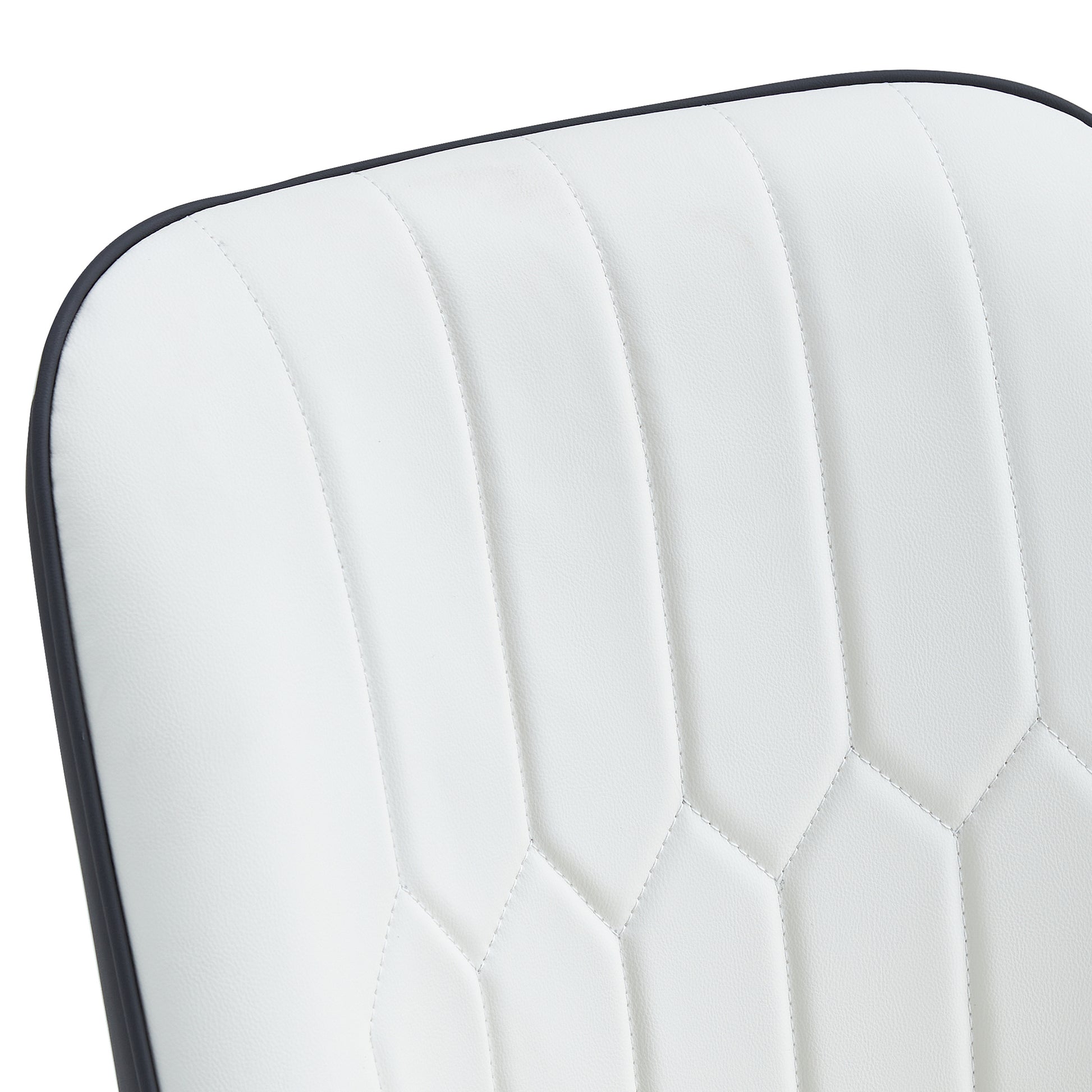 Closeup of white faux leather chair back with vertical and geometric stitching