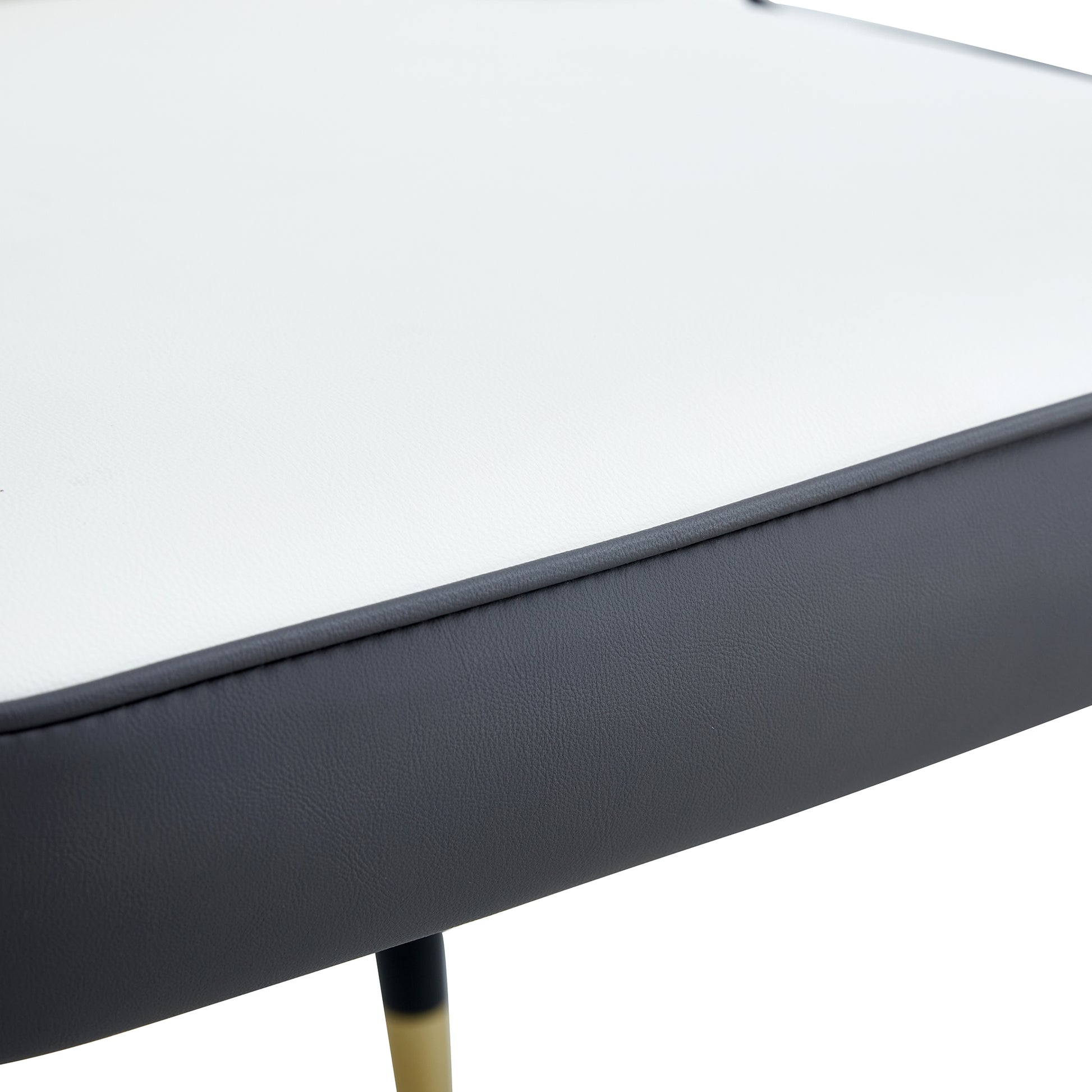 White and dark gray upholstered bench seat with gold legs