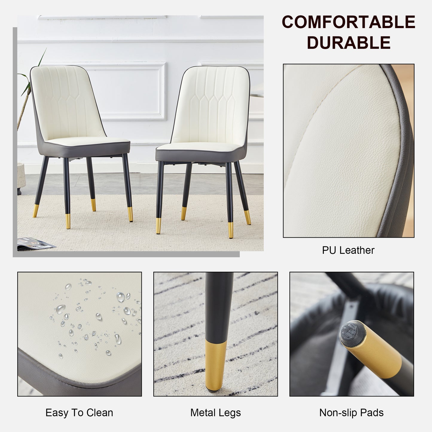 Cream and gray PU leather dining chairs with goldtipped black metal legs