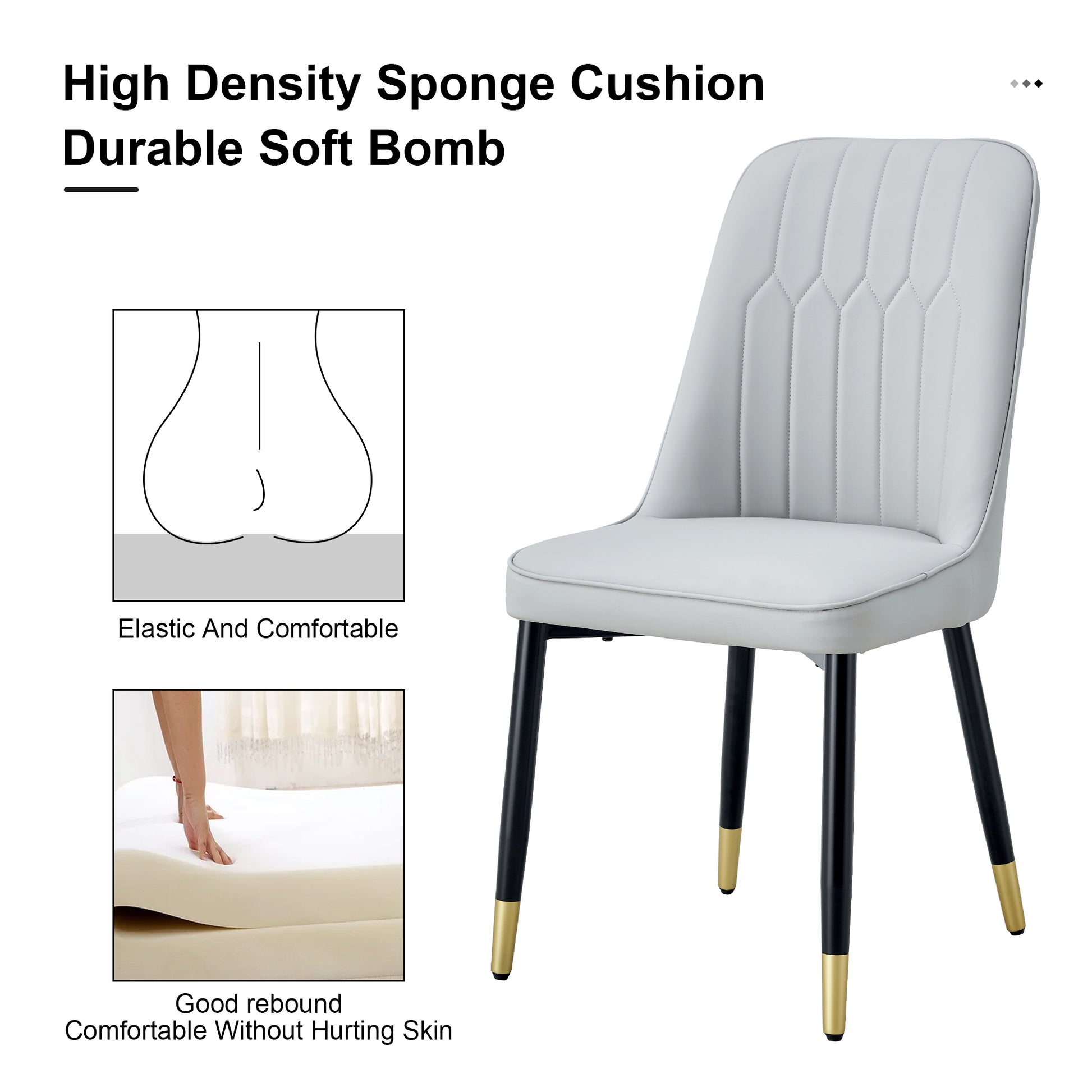 Light grey upholstered dining chair with tufted back and black tapered legs