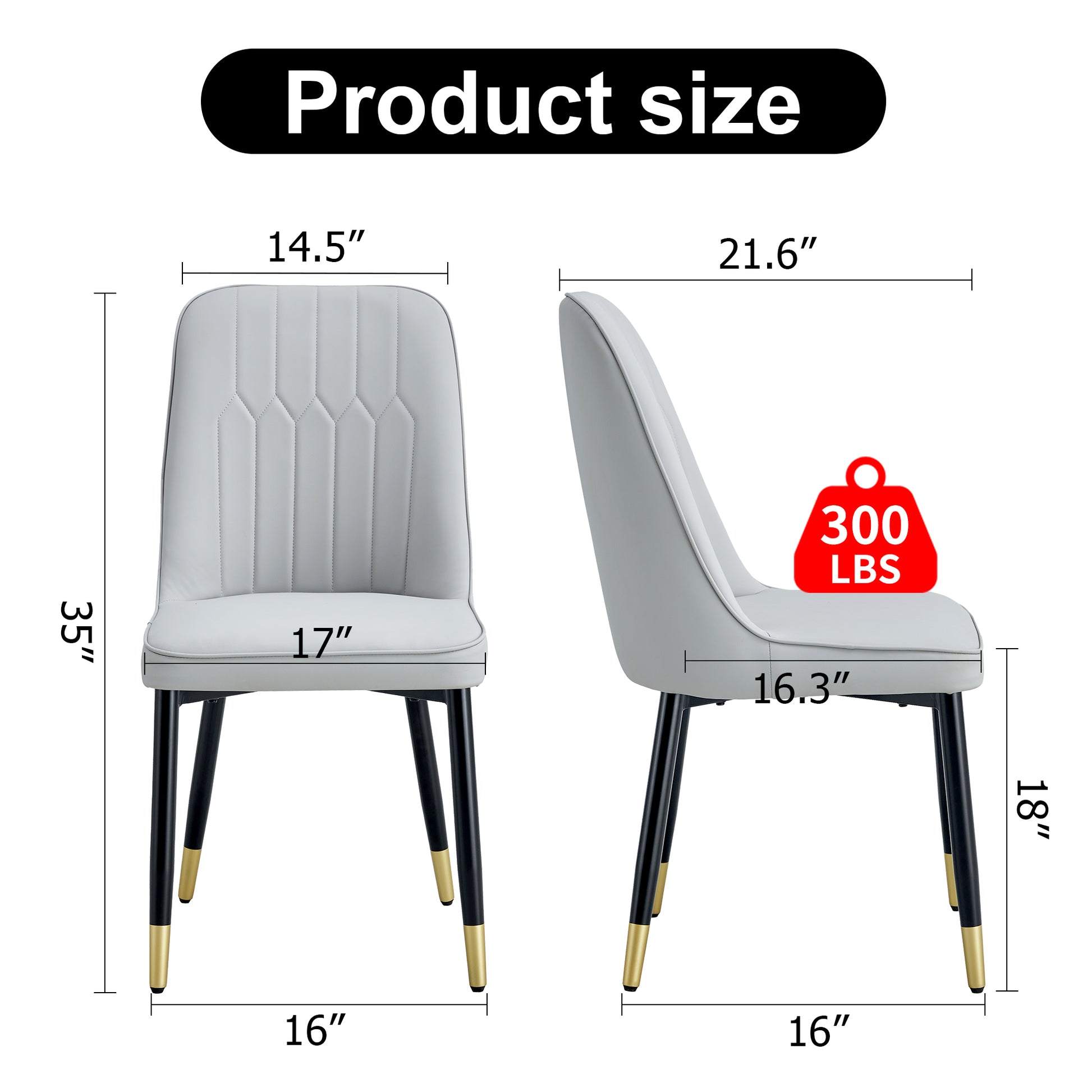 Front and side view of a light gray upholstered dining chair with diamond stitching This chair has a  lb weight capacity