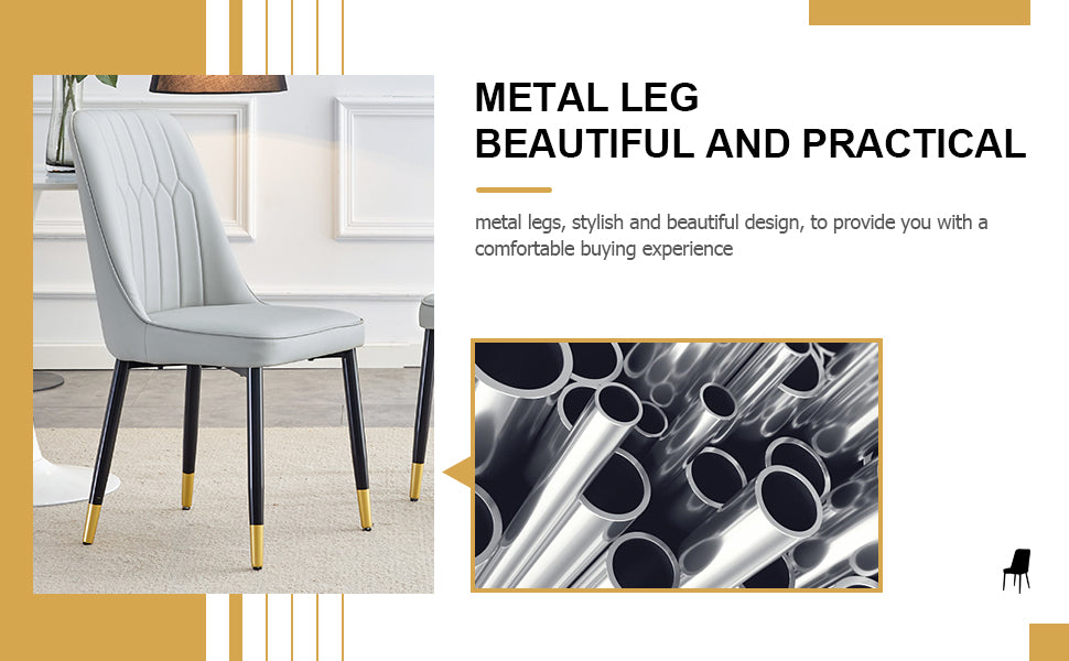 Light grey dining chair with stitched back and goldtipped metal legs