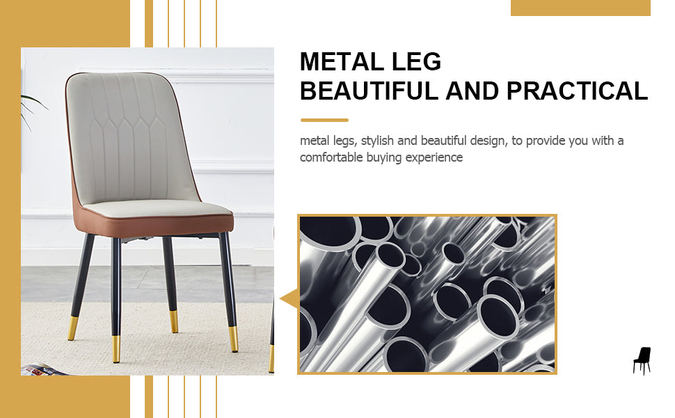 Gray upholstered dining chair with brown trim and black metal legs