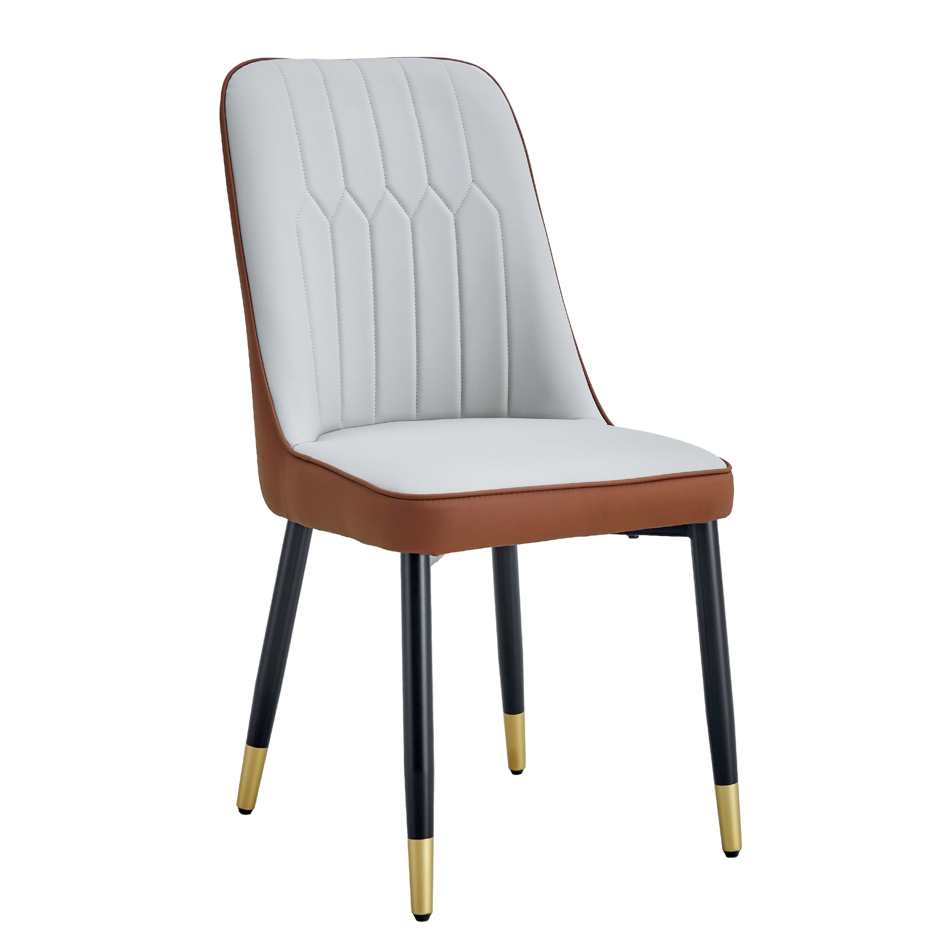 Modern dining chair with stitched light gray seat and brown leather trim