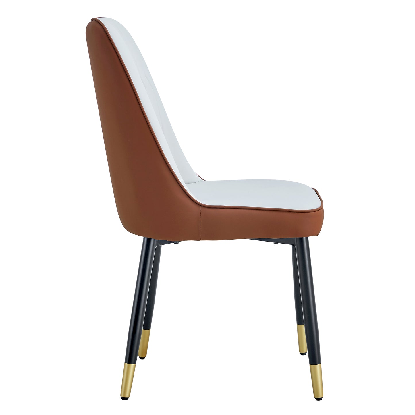 Brown and white upholstered accent chair with black and gold legs