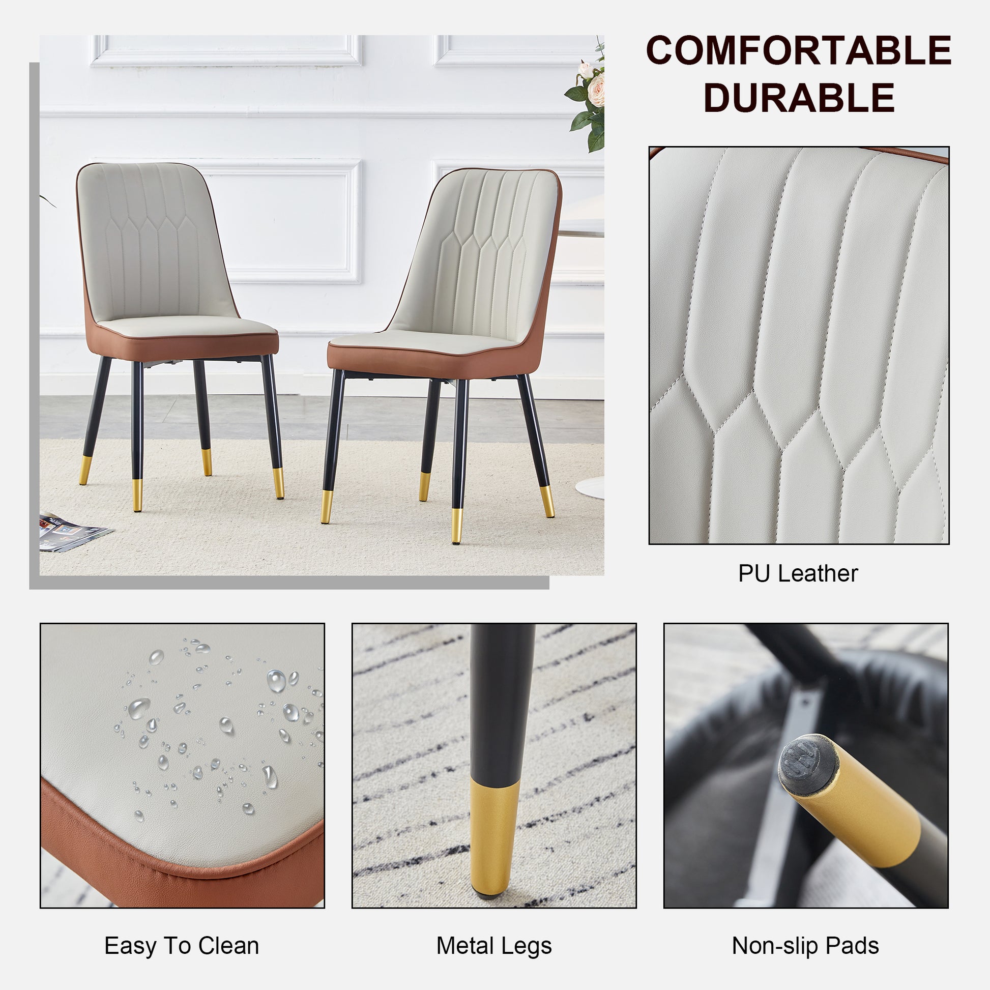 Modern dining chair with white PU leather upholstery and brown trim