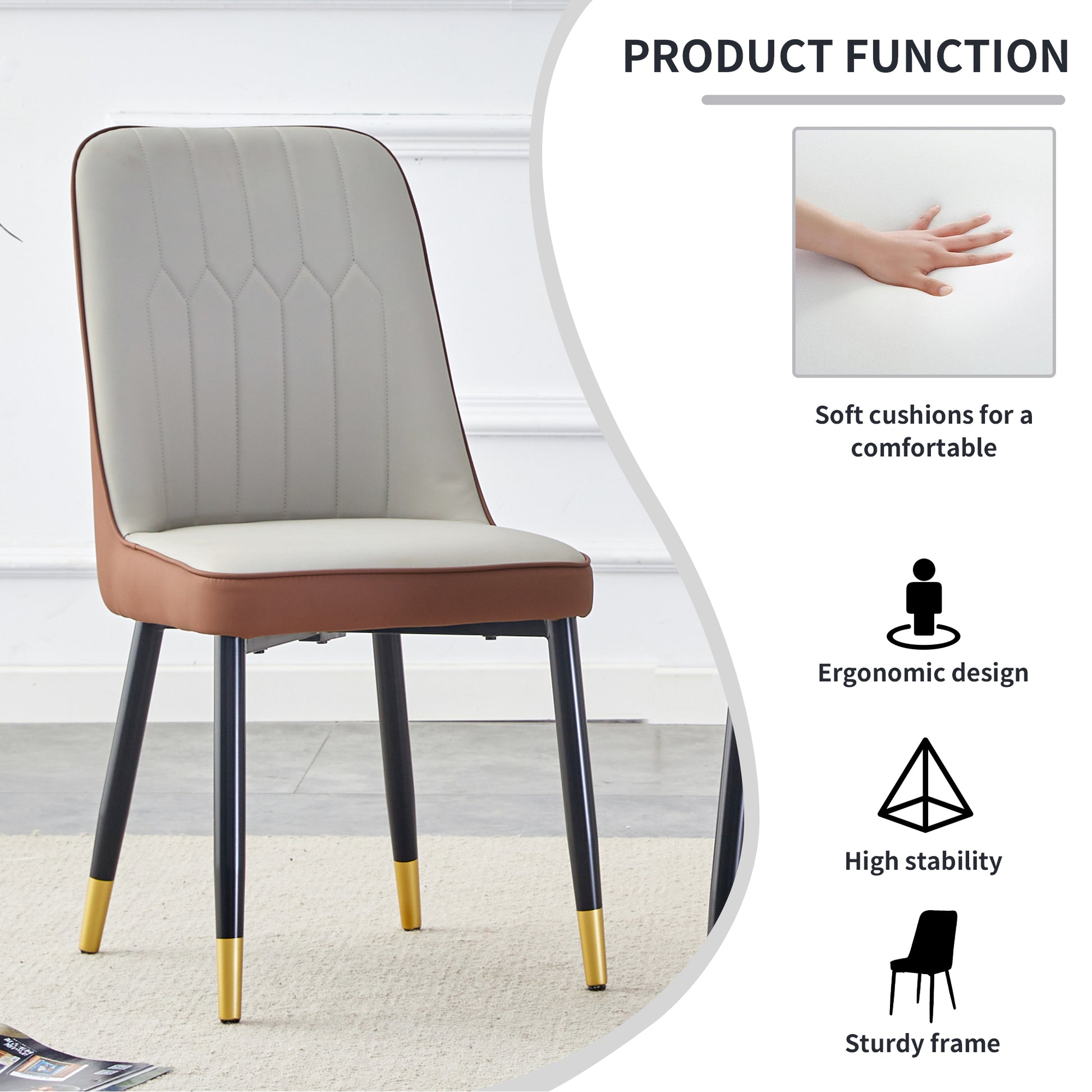 Light grey upholstered dining chair with brown trim and goldtipped black legs