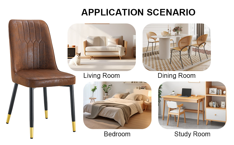 Brown upholstered dining chair with stitched detailing and goldtipped black legs