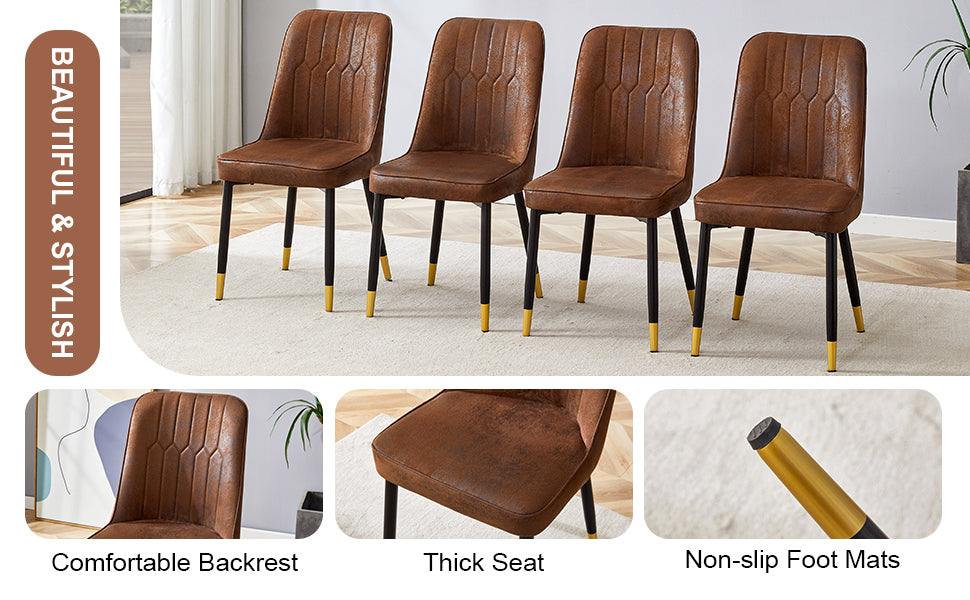 Set of  brown faux leather dining chairs with tufted backs and goldcapped black legs