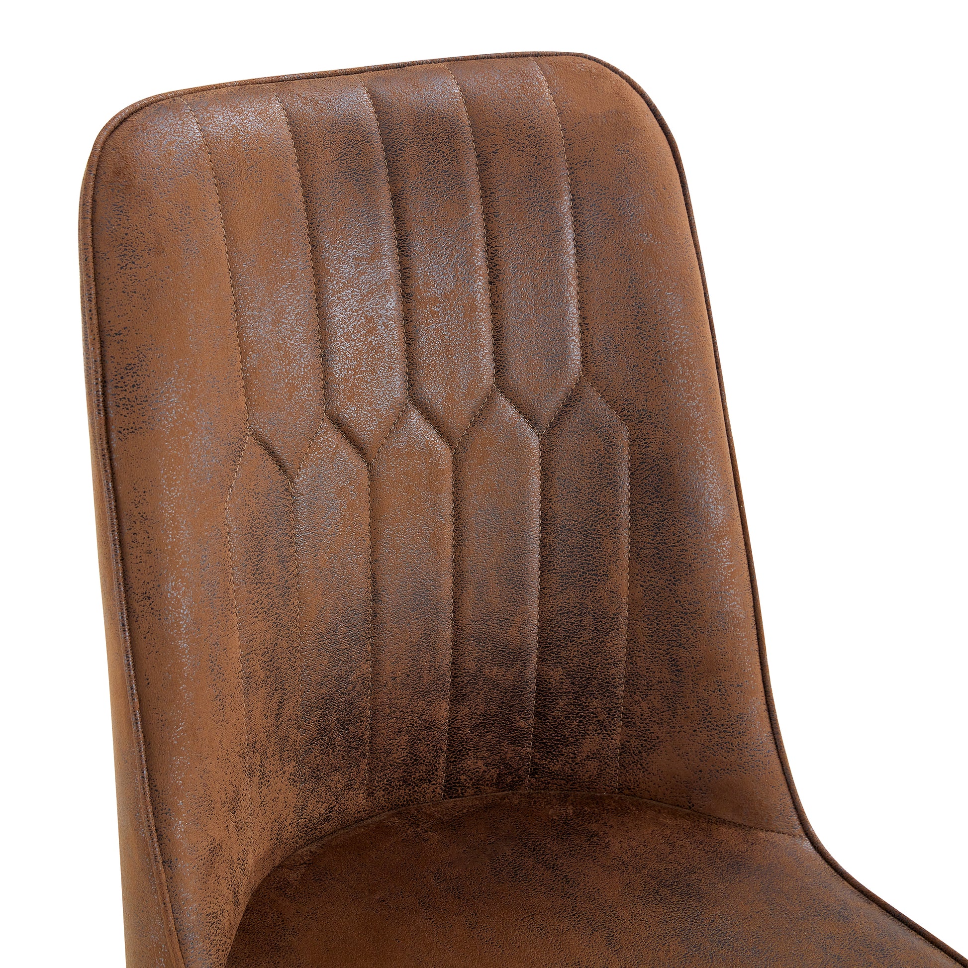 Close up of brown faux leather chair back with stitched tufting