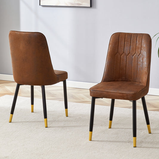 Brown faux leather dining chair with stitched back and goldtipped black legs