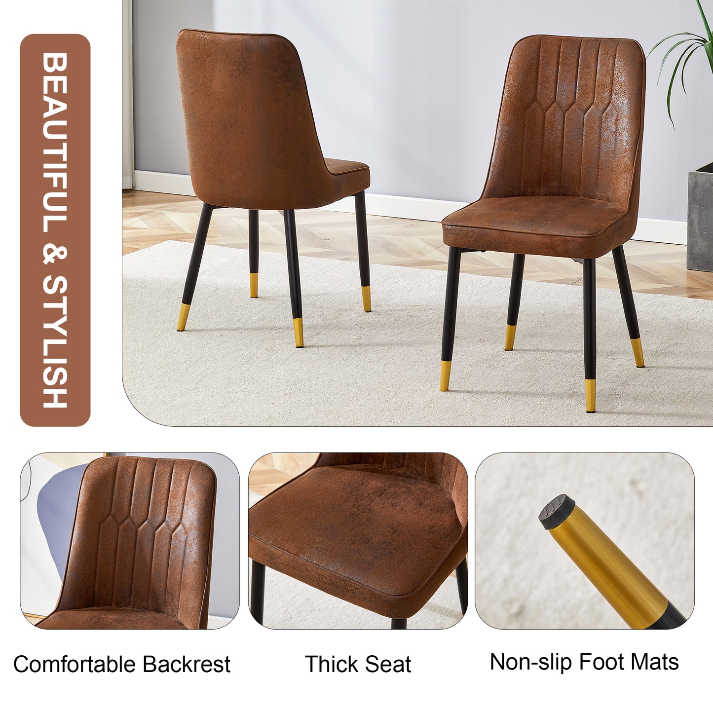 Brown upholstered dining chair with goldtipped black legs